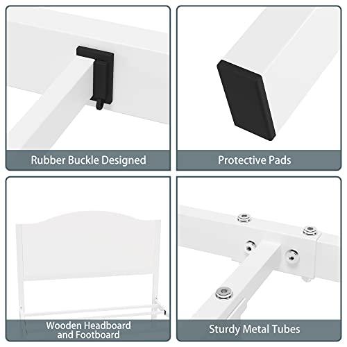 Timy Timy Kids Twin Bed Frame with Wooden Headboard and Footboard, Metal Platform Bed Frame for Boys Girls Teens Adults, Modern Kids Bed Furniture, No Box Spring Needed, White