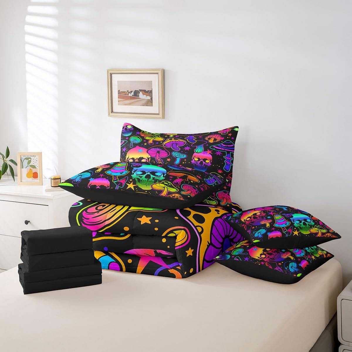 Erosebridal Erosebridal Sugar Skull Bed in a Bag Queen Comforter Set 7 Piece,Gothic Exotic Bone Bedding Sets Rainbow Mushroom Sheet Set with Comforter