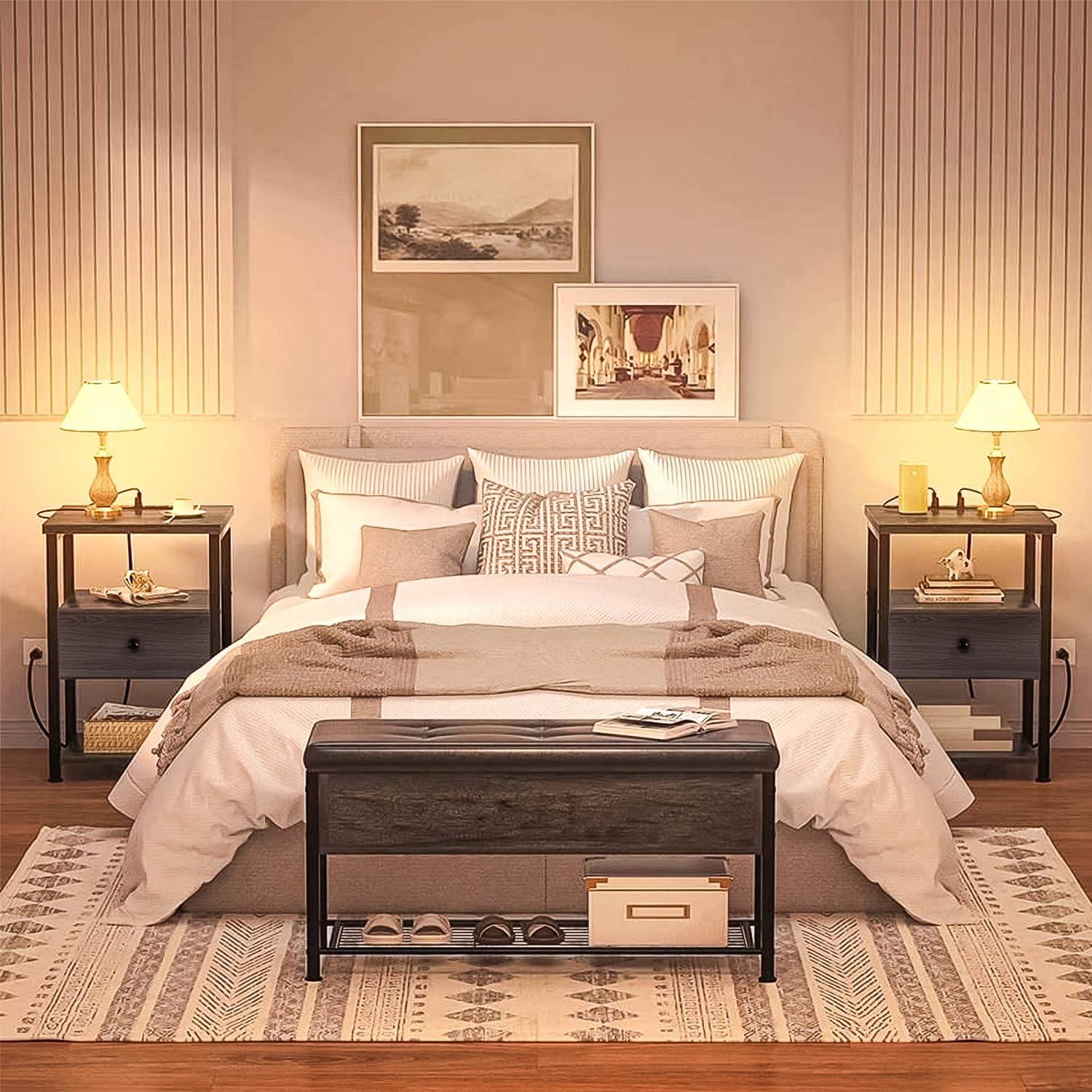 Our Modern Space Our Modern Space Wooden Nightstand with Charging Station USB Port and Single Drawer | Bedside Table End Cabinet for Living Room Bedroom Dorm - Rustic Brown