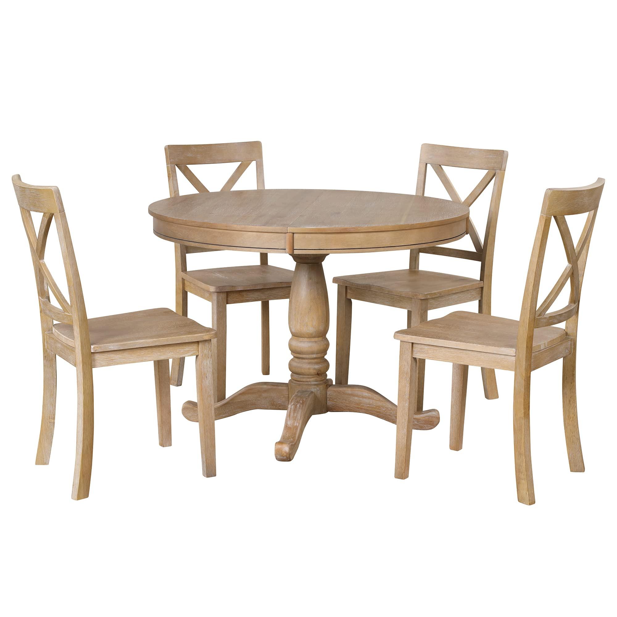 Merax Merax 5 Piece Extendable Dining Room Table Set Include Round Table and 4 Chairs Set 5 Piece Farmhouse Round Dining Set