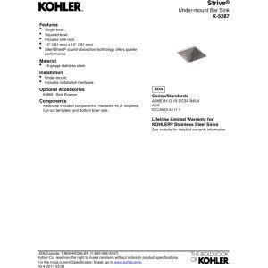 Kohler KOHLER K-5287-NA Strive 15 X 15-Inch Under-Mount Bar Sink with Basin Rack, Stainless Steel, 1-Pack
