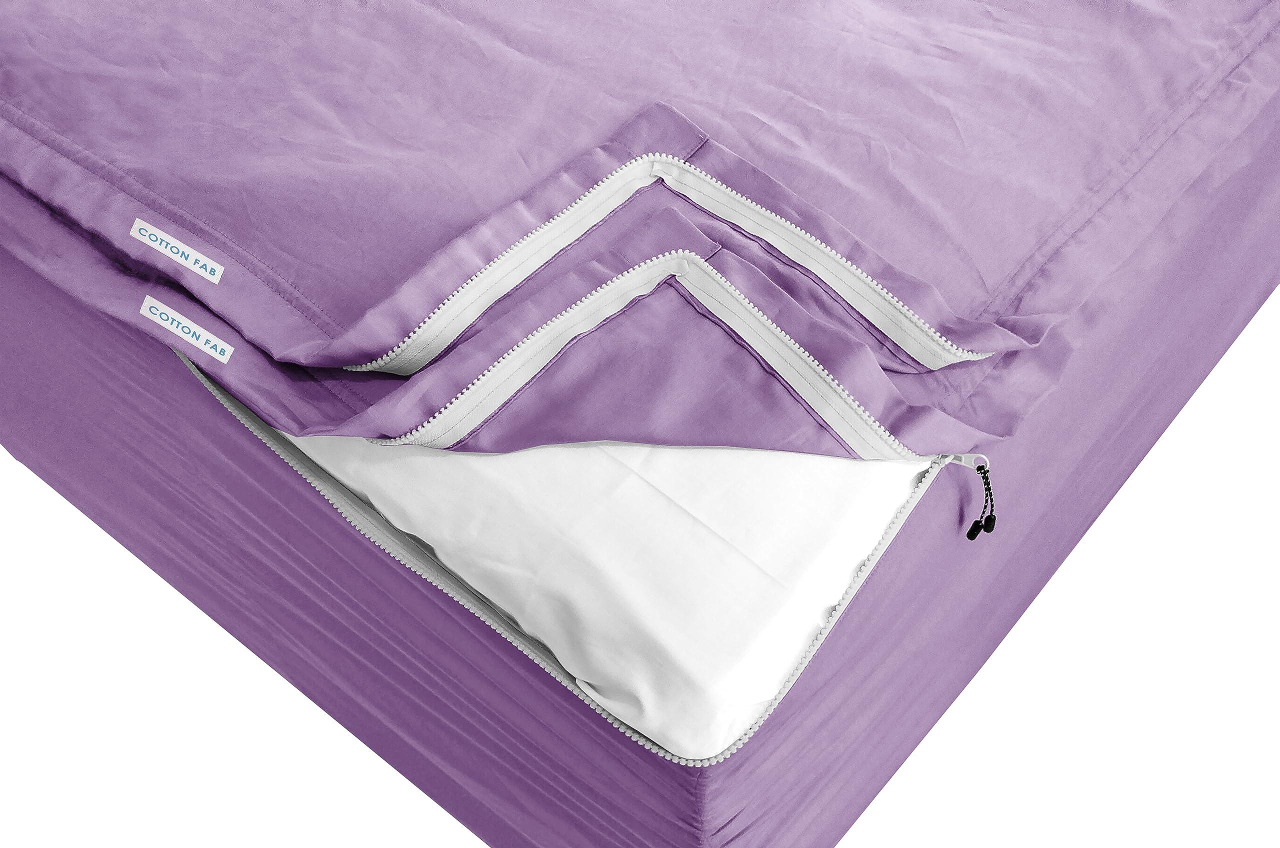 COTTONFAB CottonFab Zipper Fitted Sheets - Includes 1 Fitted Sheet Base & 2 Zip-On Sheets - Upto 16 in. Deep Pockets Full XL Size Zipper Sheets - Easy Use, Soft Sateen 600 TC Cotton Fitted Sheets - Lilec