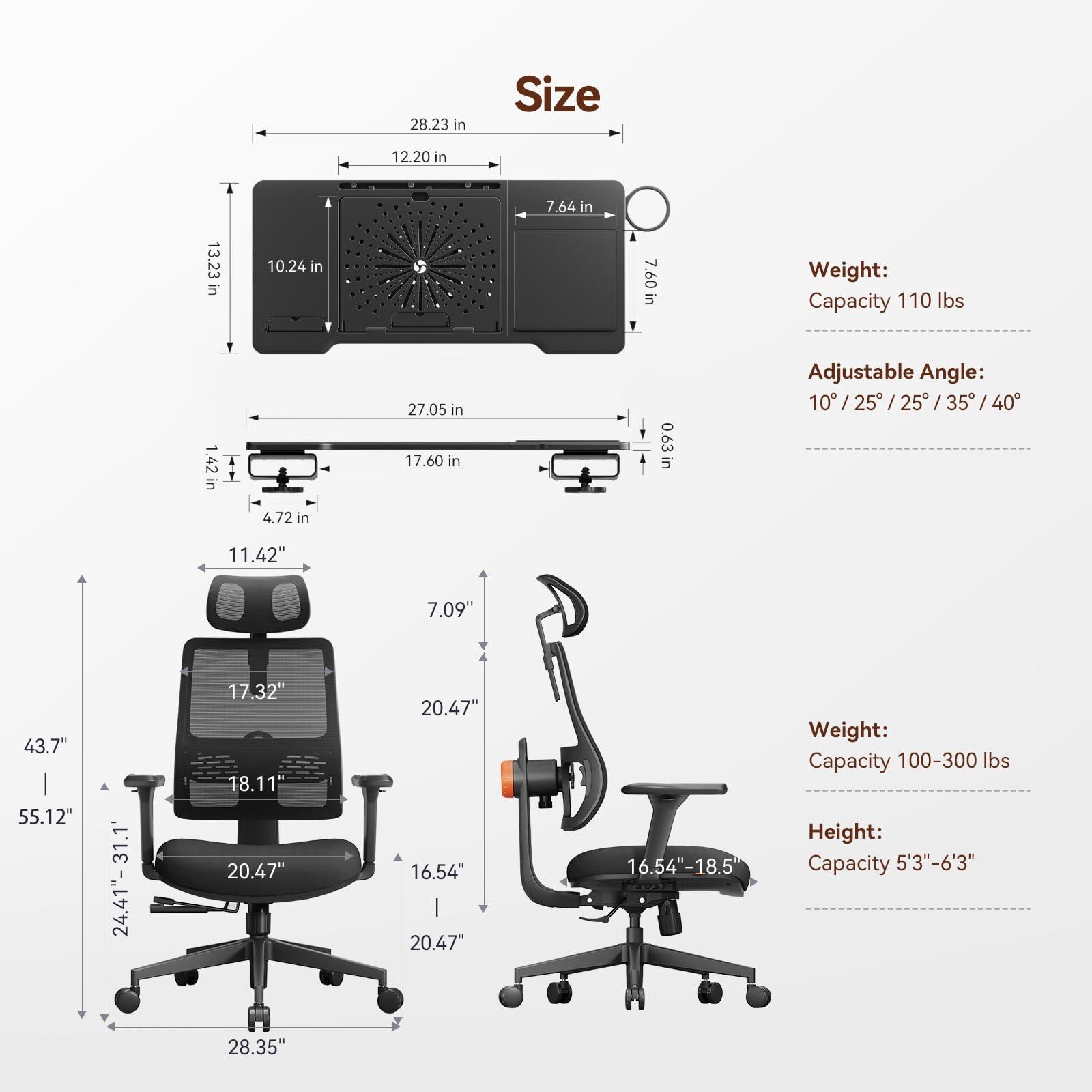 Newtral Newtral Ergonomic Office Chair with Adaptive Lumbar Support- High Back Desk Chair with Adjustable Headrest, 3D Armrest, Adjustable Seat Depth & Height, Home Office (with Laptop Table Tray, Black)