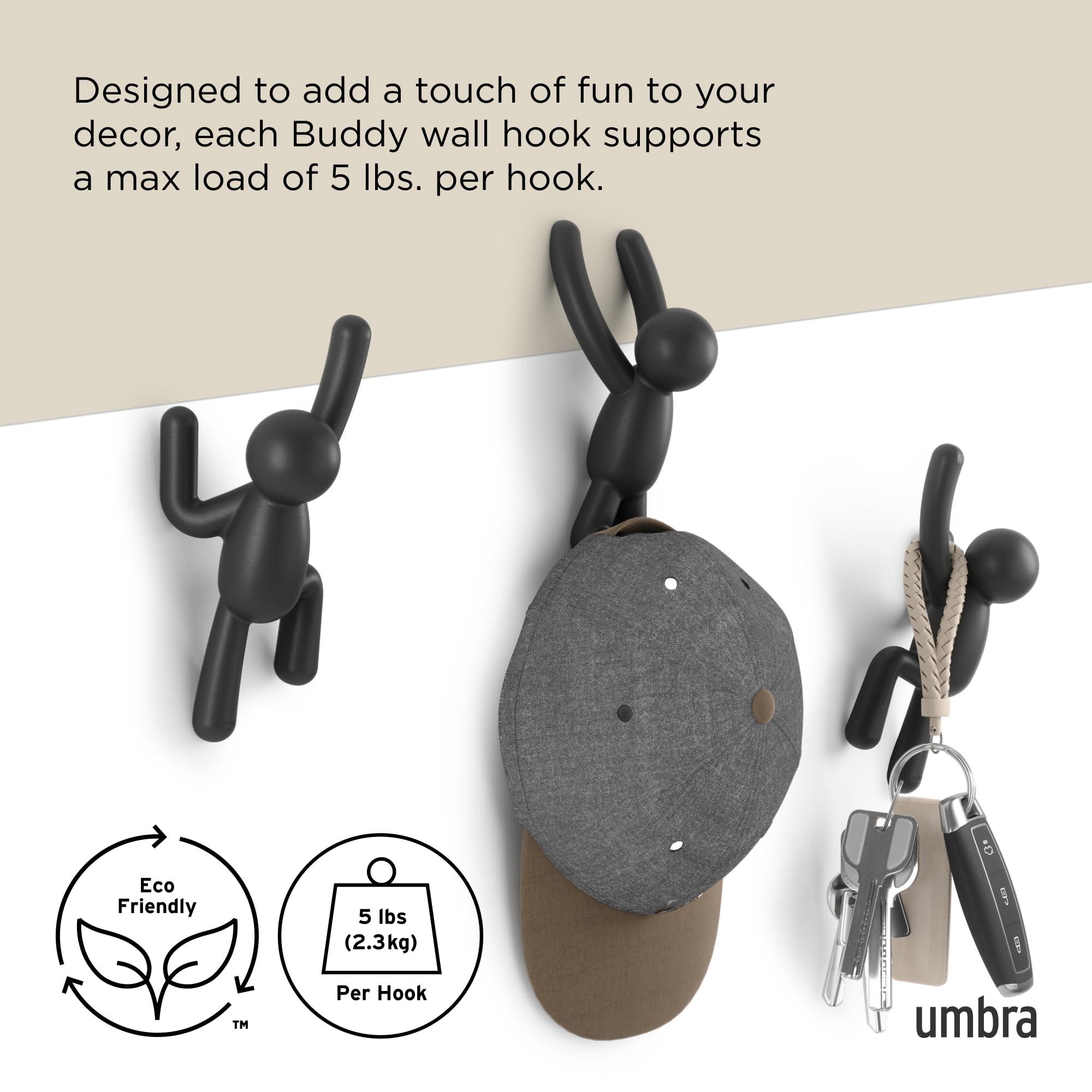 Umbra Umbra Buddy Wall Hooks Decorative Wall Mounted Coat Hooks for Hanging Coats, Scarves, Bags, Purses, Backpacks, Towels and More, Set of 3, Black