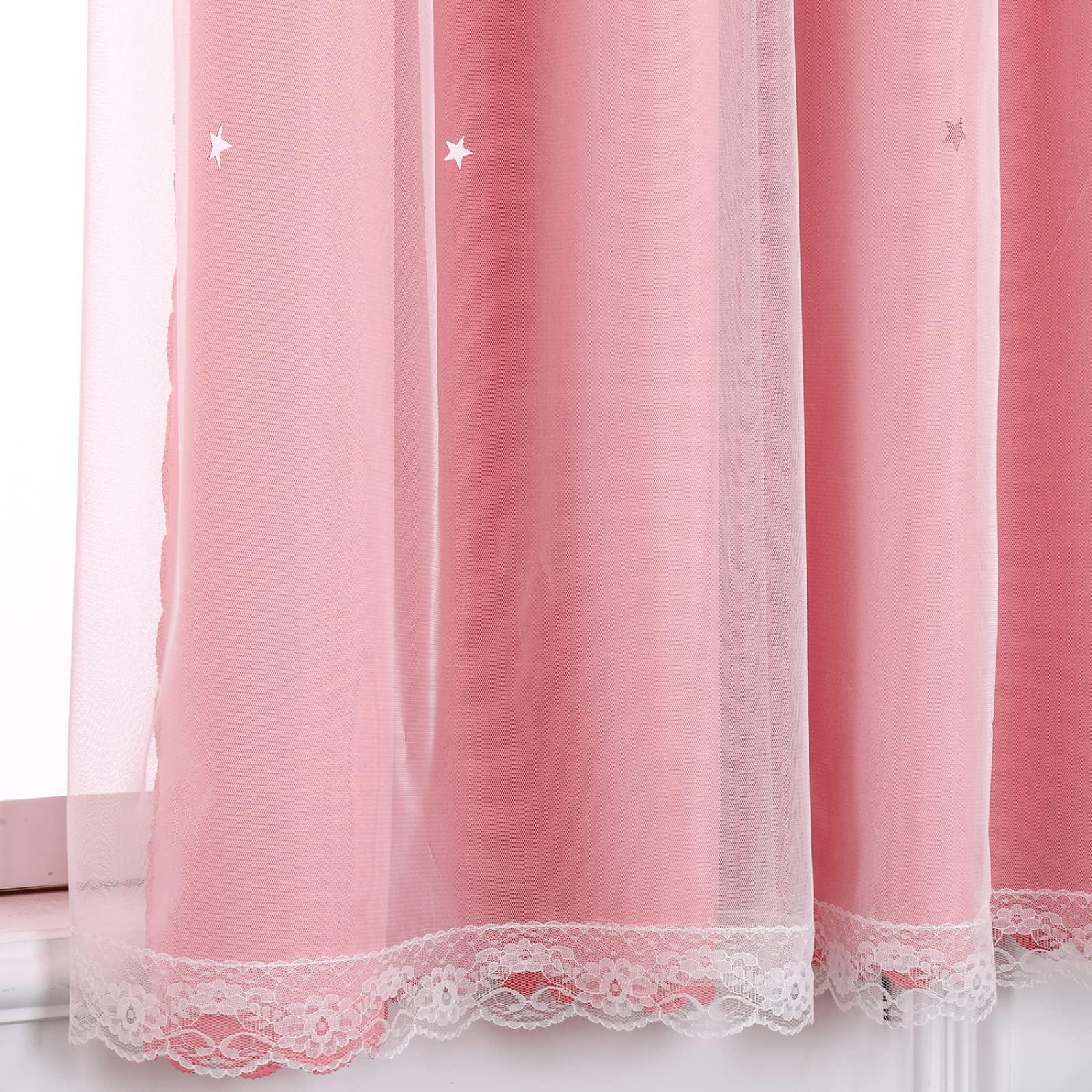 KTCLE KTCLE Star Curtain Kids Curtains for Girls Bedroom Living Room Blackout Curtain Double Layer Star Cut Out Grommet Window Curtains 1 Panel,Pink,70x63 in