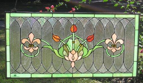Aspen Tiffany Tiffany Stained Glass Transom Window Panel Fleur De Lis 32" x 16"