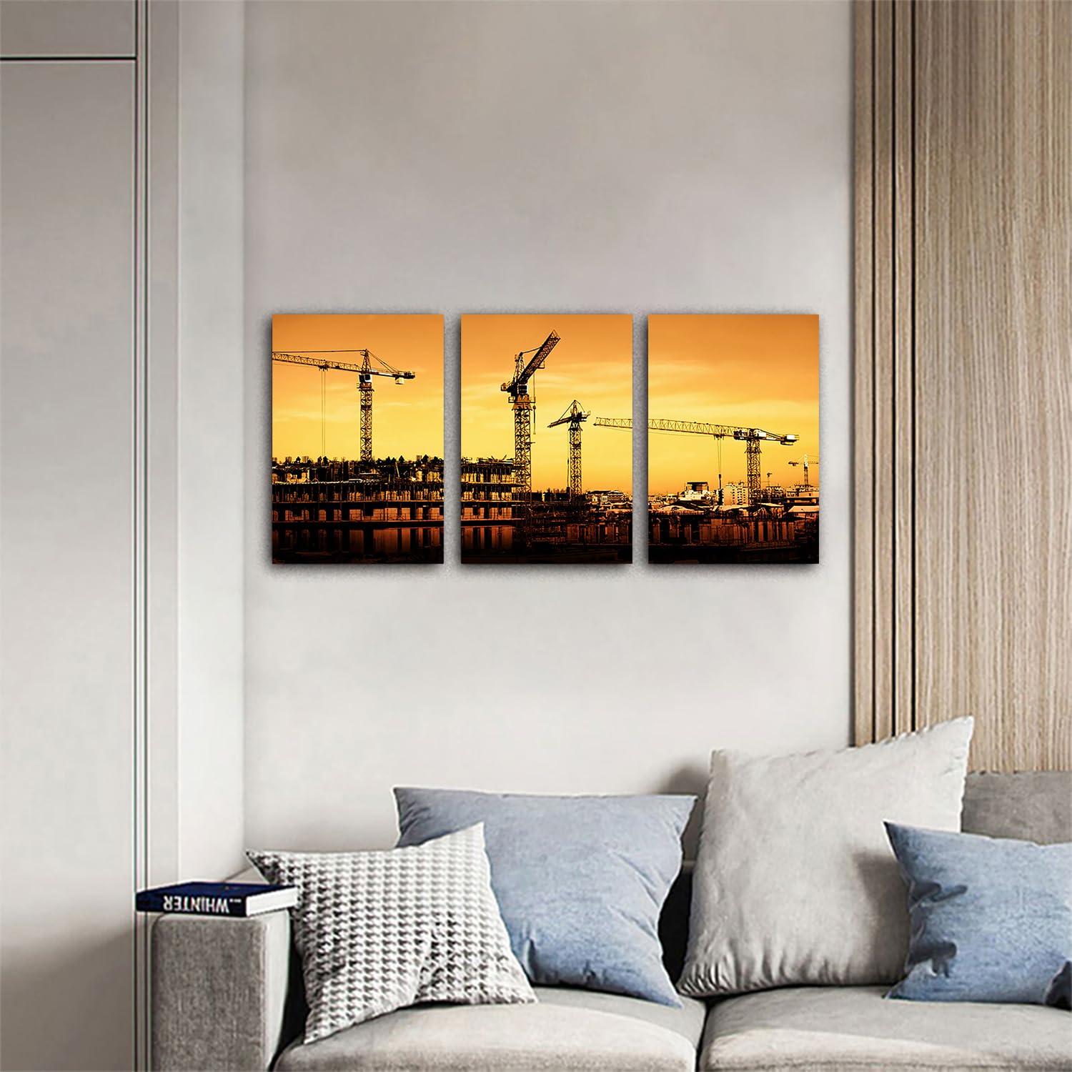 LBWIG ART Office Building Construction site Wall Artwork Vintage Paintings Print on Canvas Home Decor Wall Art 3 Panels Framed 16x24inchx3
