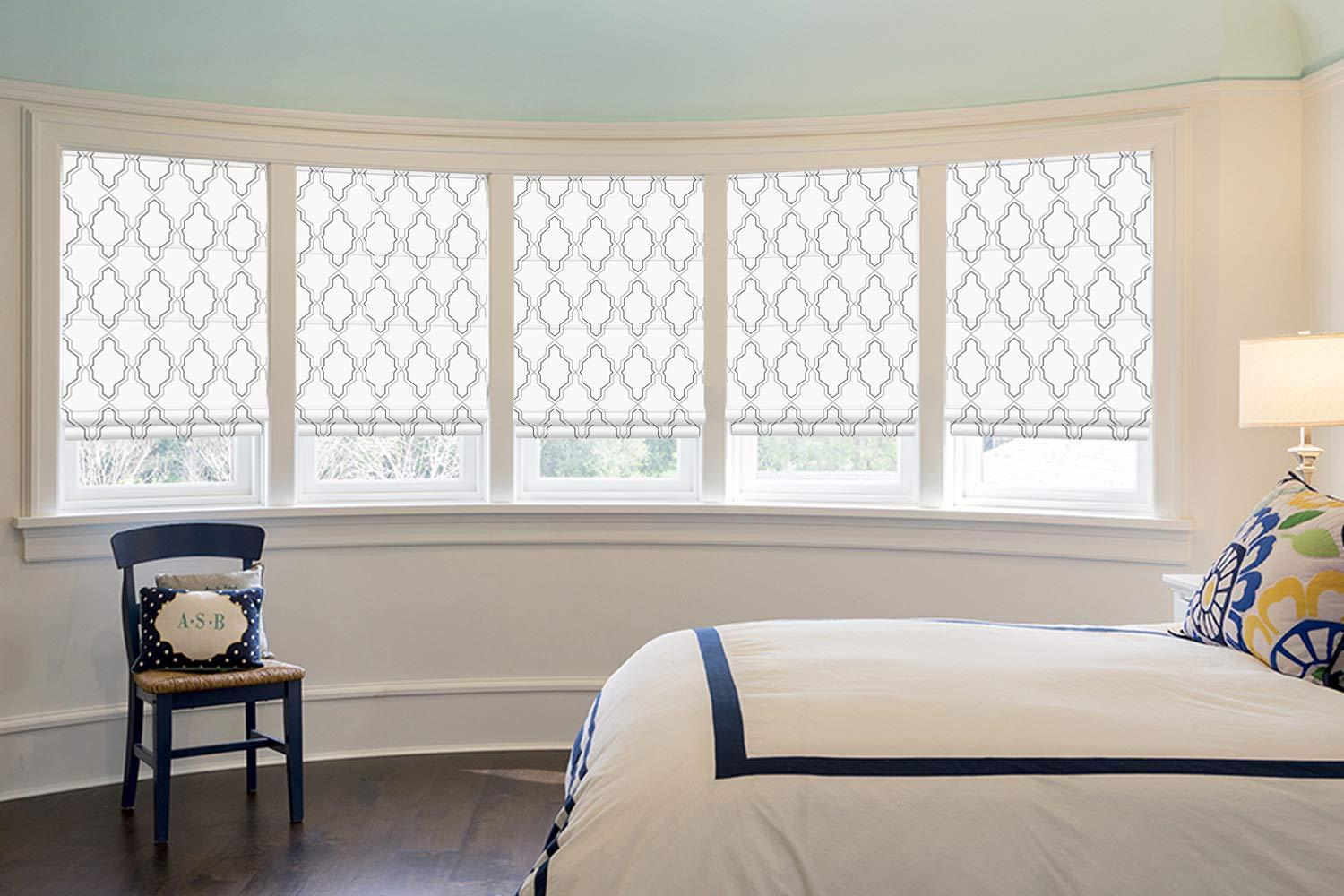 WindowLady Roman Shades Window Blinds, White Premium Blackout Window Roman Shades, Custom Washable Fabric Geometric Roman Shades for Windows, Doors, French Doors, Kitchen Windows