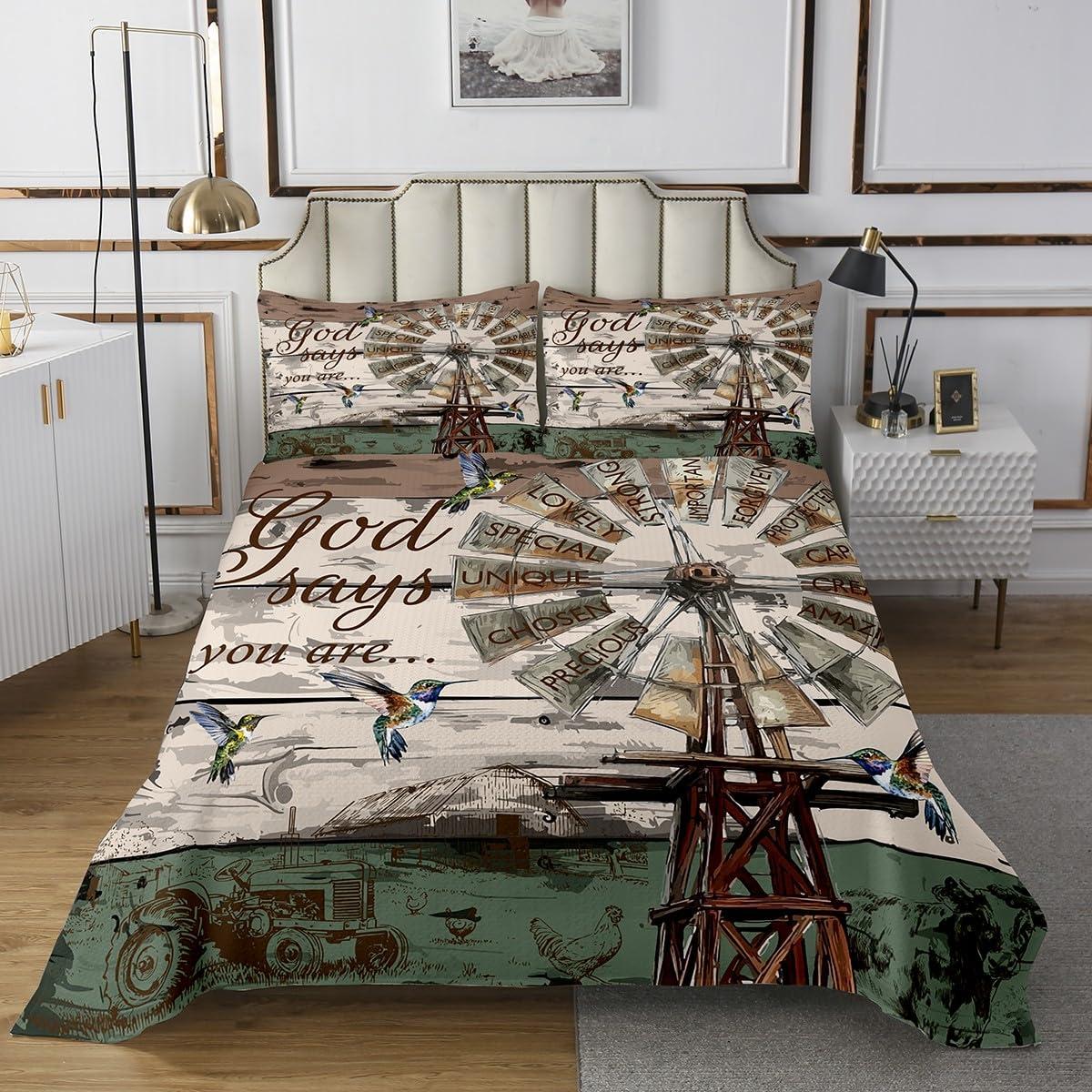 Erosebridal Rustic Farmhouse Quilt Set Queen Size, Vintage Country Windmill Coverlet Set For Kids Teens Adult Women Bedroom,Farm Animal Cabin Bedspread Set Western Wood Barn Door Bed Set With 2 Pillow Cases