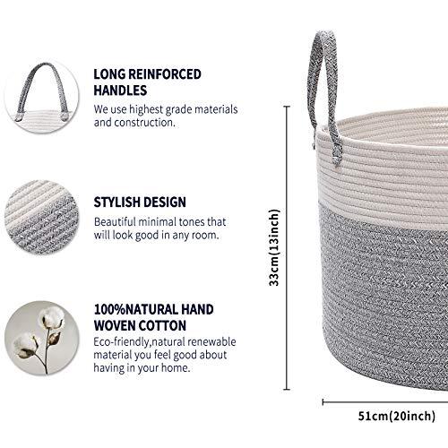 Wangger XXL Extra Large Cotton Rope Basket, 20\" x 13\" Throw Blanket Storage Basket with Handles, Decorative Blanket Basket for Living Room, Pillows, Toys or Laundry