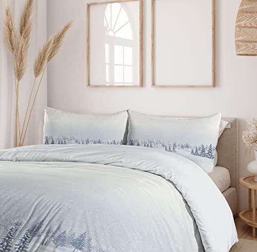 Ambesonne Ambesonne Winter Duvet Cover Set, Winter Scene in a Park with Trees Foggy Misty Blurry Ice Cold Freezing Weather Image, Decorative 3 Piece Bedding Set with 2 Pillow Shams, King Size, White