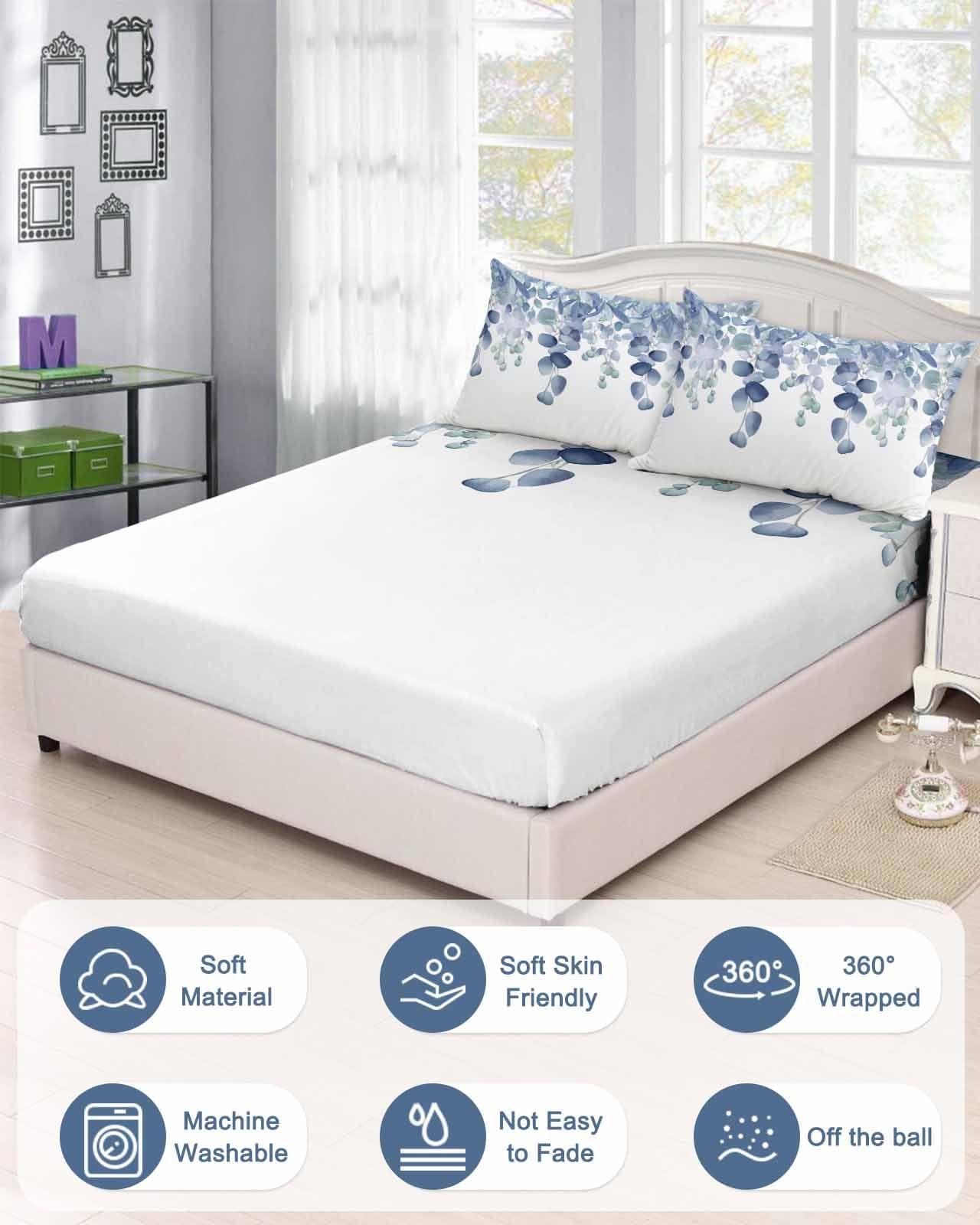 Queener Home Watercolor Blue Eucalyptus Leaf Fitted Bed Sheet with Elastic Edge King Deep Pocket Bedding Sheets Fits Mattress Up to 16 Inch, Pastoral Green Botanical Leaves Mattress Cover with 2 Pillowcase