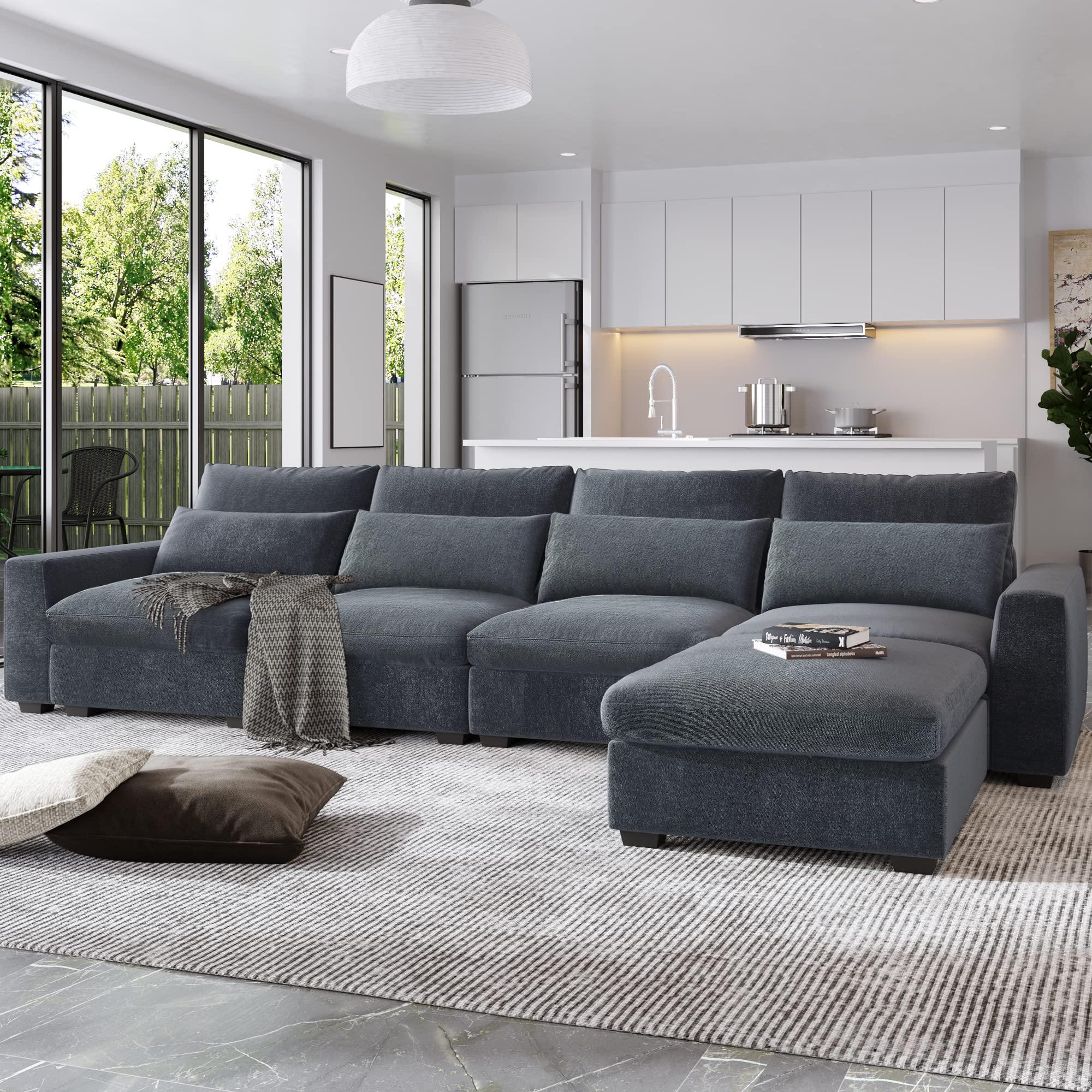 PONLEE Extra Wide Deep Seat Feather Filled Convertible Modular Sectional Sofa Cloud Couch with Reversible Chaise and Waist Pillows, 6 Seater Oversized Sleeper Lounge Sofa&Couches for Living Room Office