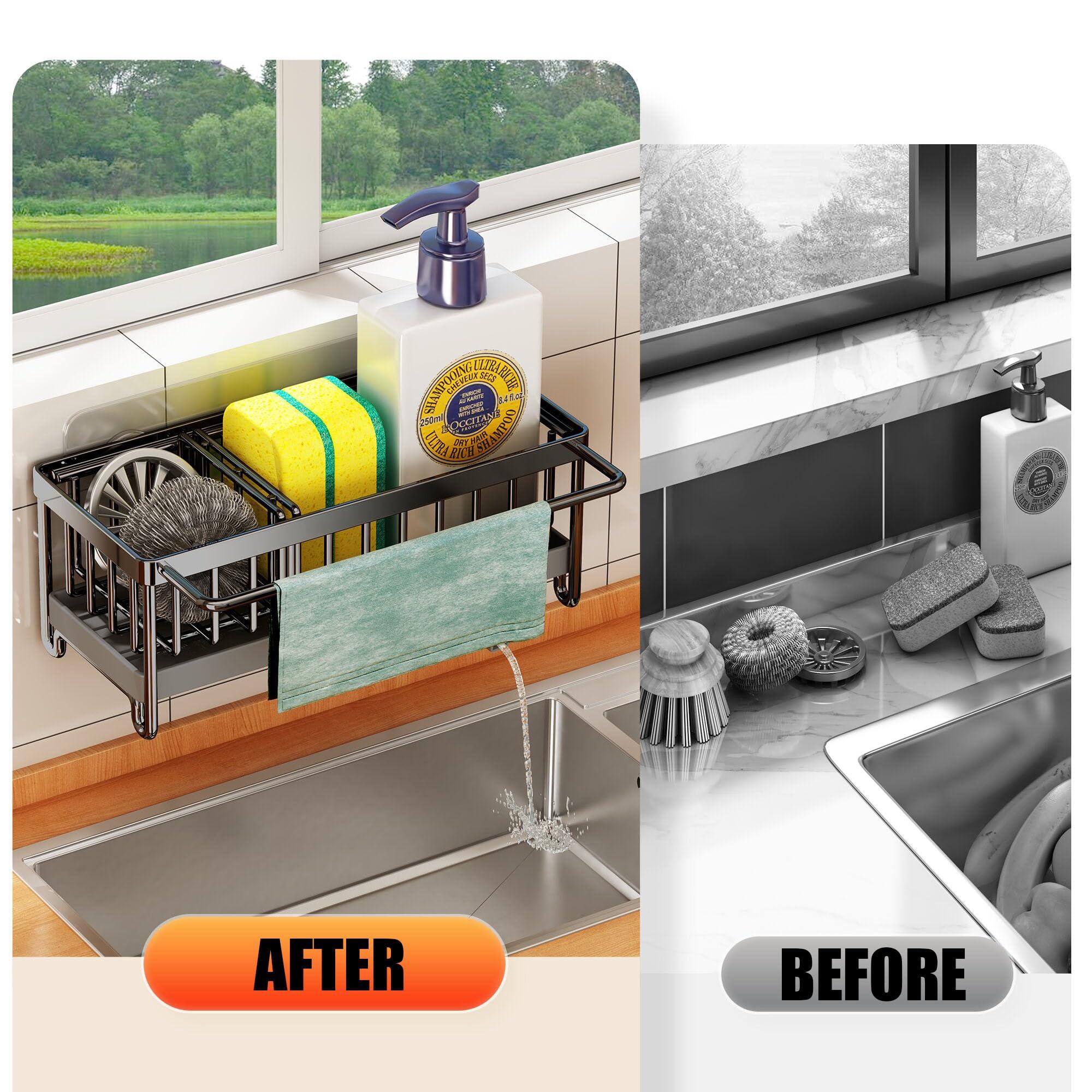 Biridict Sponge Holder for Kitchen Sink, Kitchen Sink Caddy, Dish Sponge Organizer with Divider, Dish Soap Dispenser Brush Holder Storage (Black Large)