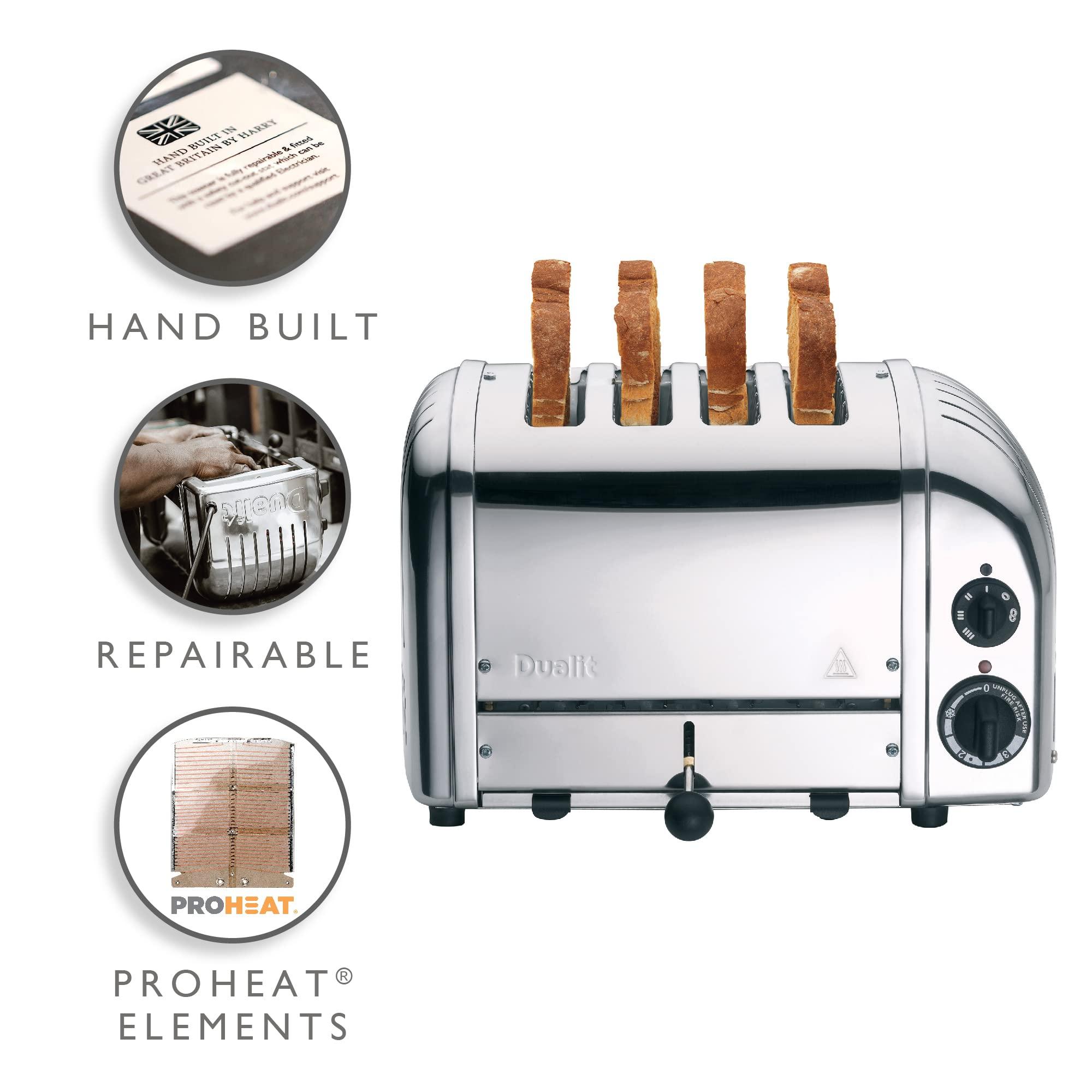 Dualit Dualit Classic 4 Slice NewGen Toaster - Stainless Steel - Hand Built in the UK - Replaceable ProHeat elements - Defrost Bread - Mechanical Timer - Polished Classic Toaster