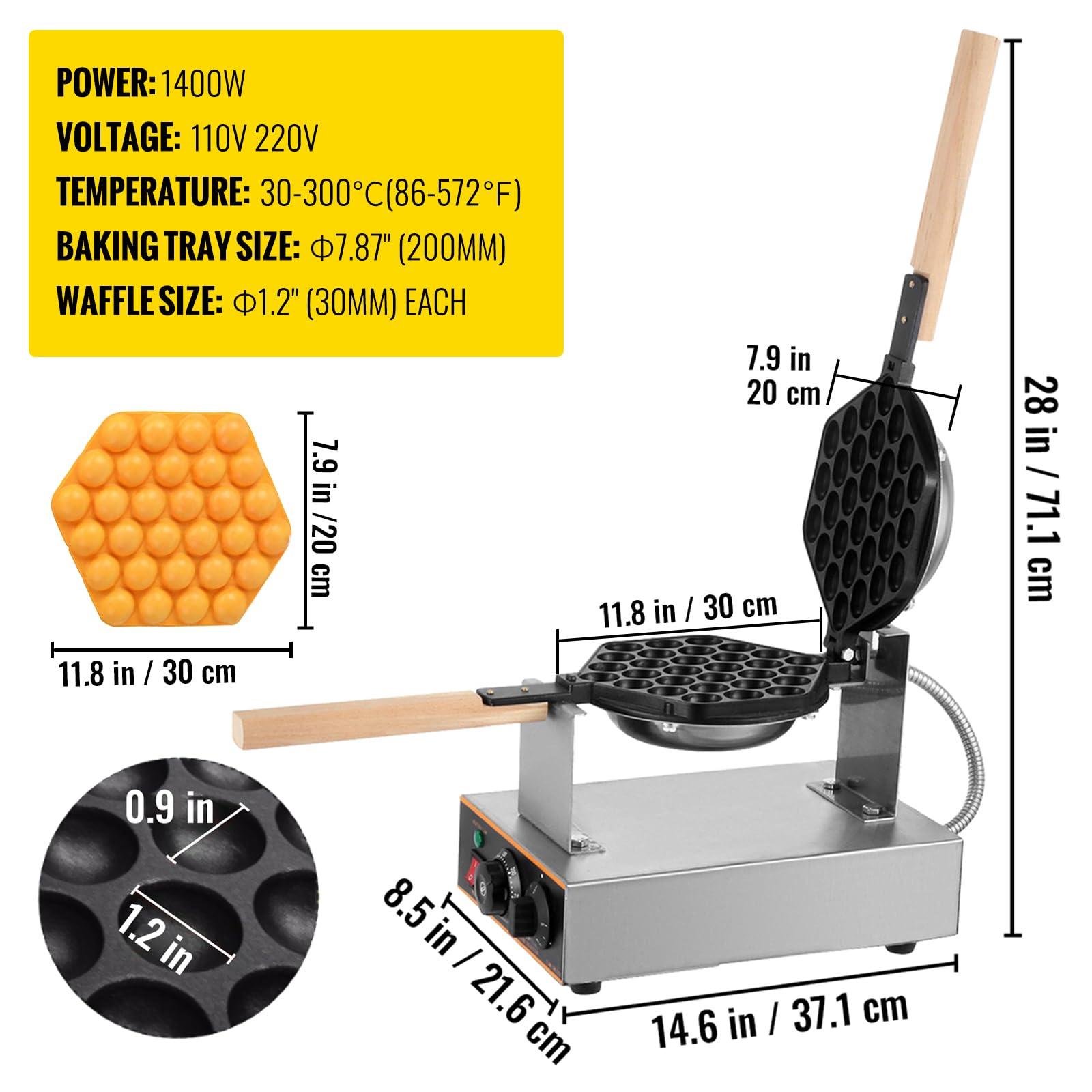 VEVOR VEVOR Commercial Bubble Waffle Maker, 1400W Egg Bubble Puff Iron w/ 180 Rotatable 2 Pans & Wooden Handles, Stainless Steel Baker w/Non-Stick Teflon Coating, 50-250/122-482 Adjustable