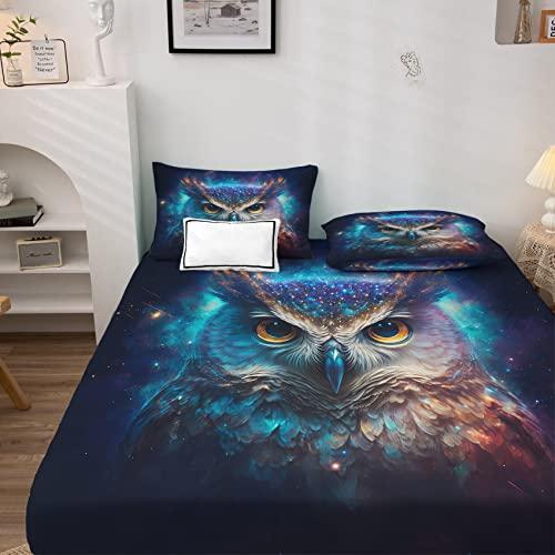 THYUNQ THYUNQ Galaxy Owl Sheets King Size Bed, Fantasy Animal Bird Pattern Bedding Sheets & Pillowcases - 12 Inch Deep Pocket, Super Soft Microfiber Printed Sheet Set 4 Piece