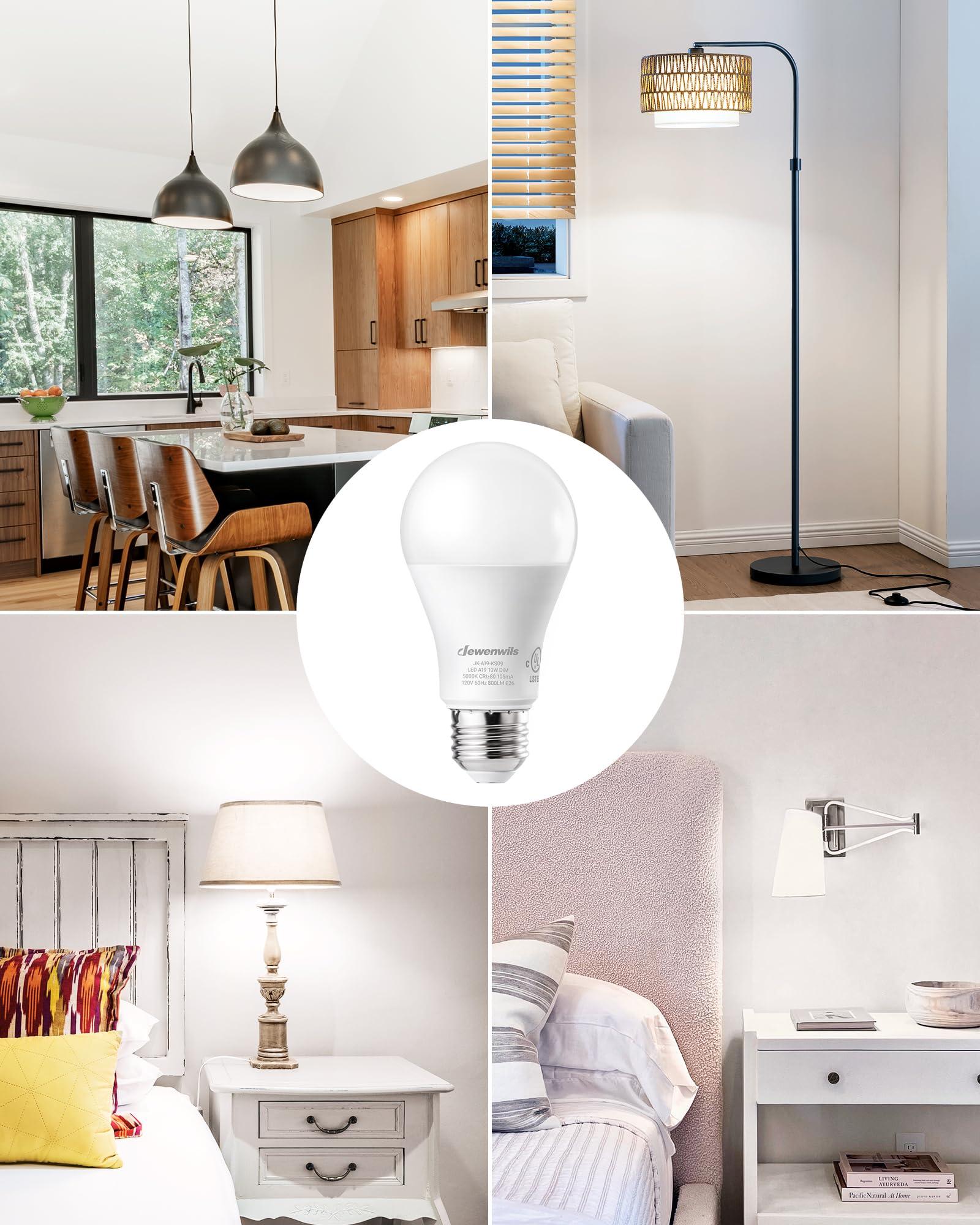 DEWENWILS DEWENWILS 4 Pack A19 Dimmable LED Light Bulbs, 800LM, 5000K Daylight Light Bulbs, 9W(60W Equivalent) LED Bulb, E26 Base Light Bulb, UL Listed