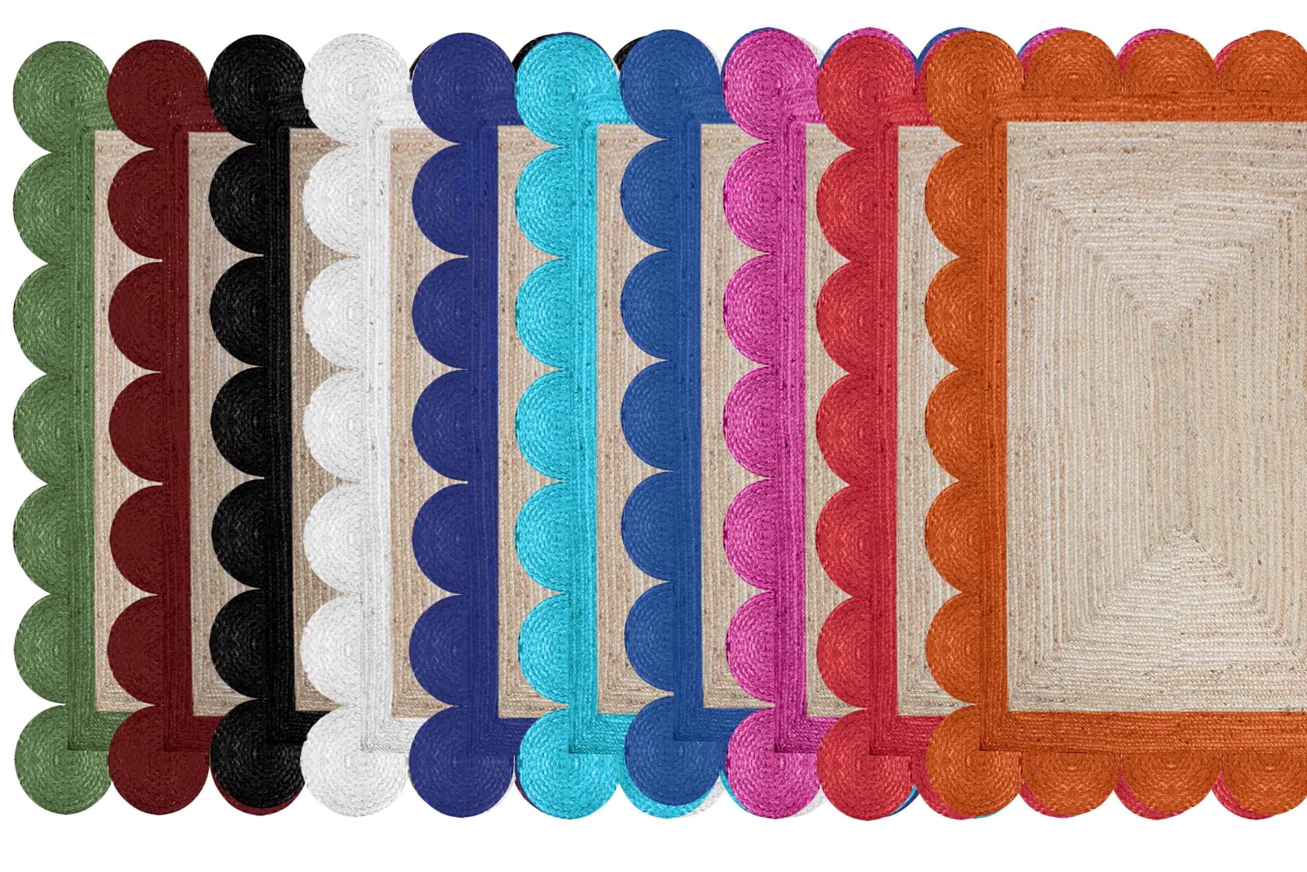 CASAVANI CASAVANI Scalloped Edge Rug, Braided Natural Jute Fiber Area Rug, 9x9 Ft Square Beige & Orange Woven Kilim Rug for High Traffic Area Living Room, Kitchen, Entryway, Farmhouse