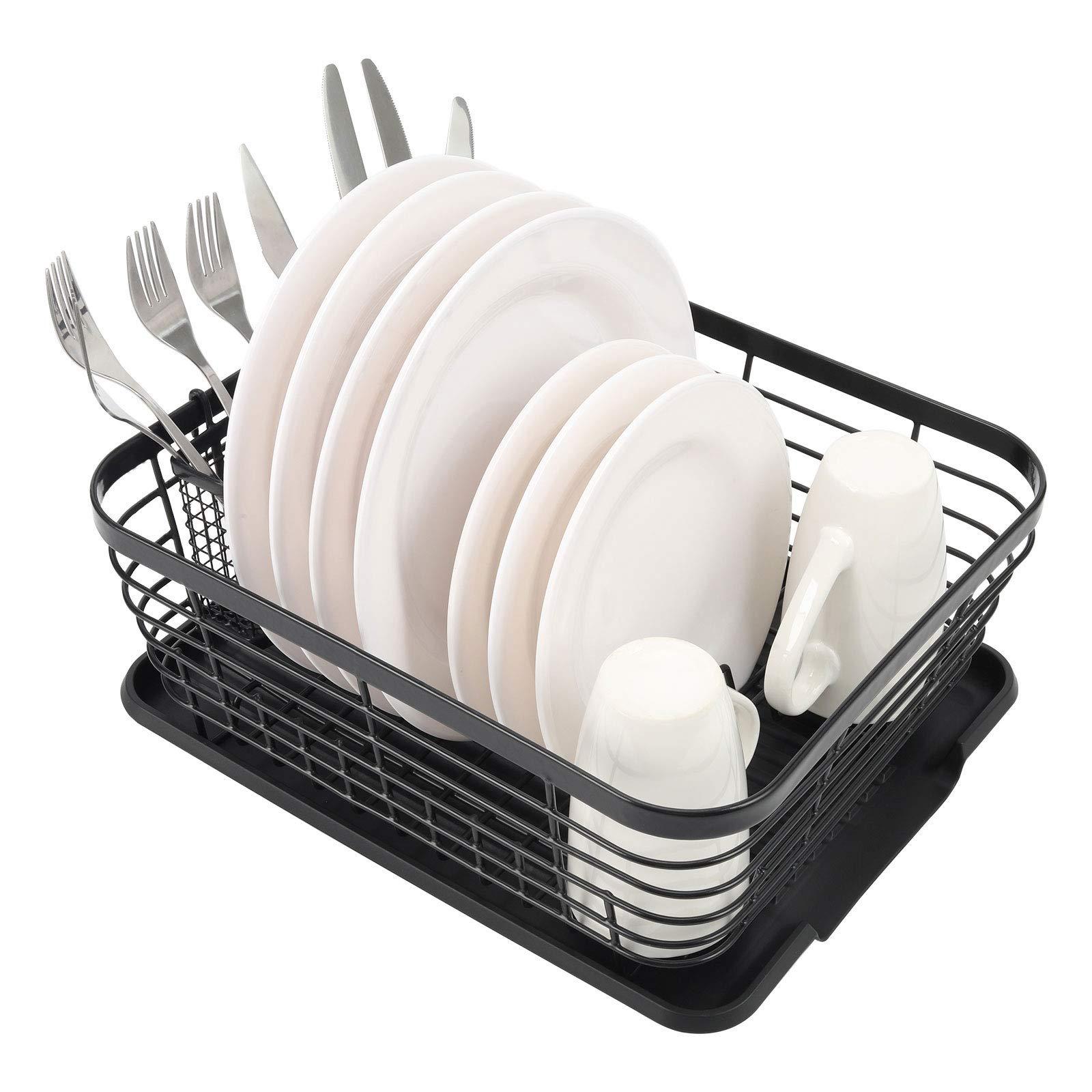 TQVAI TQVAI Kitchen Dish Drainer Rack with Drying Board and Full-Mesh Silverware Utensils Holder, Black