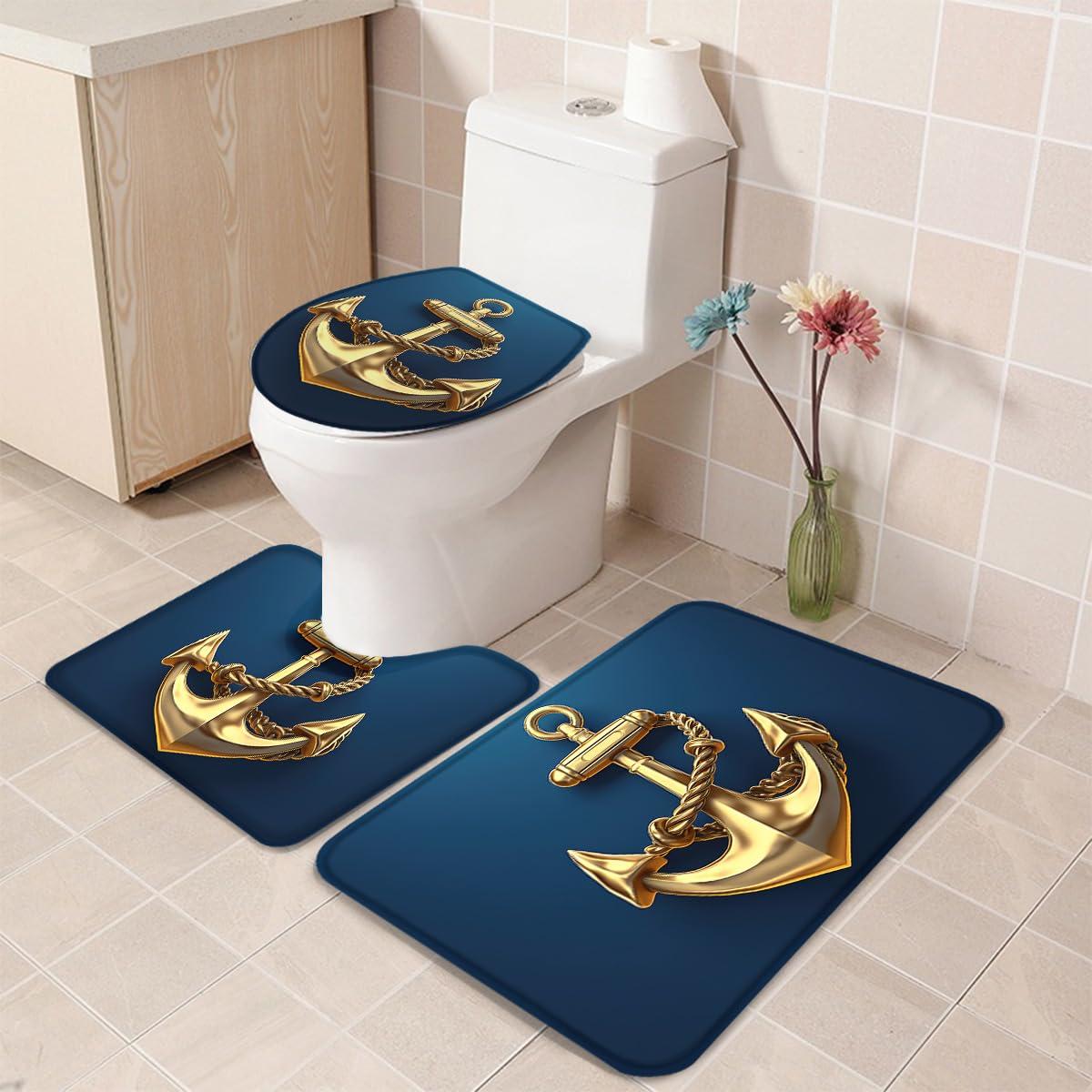 LEOSUCRE LEOSUCRE Bath Mat 3 Piece Bathroom Rug Sets, Metal Anchor Non Slip Bath Rug Contour Mat and Toilet Lid Cover, Absorbent Shower Mat Soft Bath Rug and Mat Set Blue Painting Backdrop Small