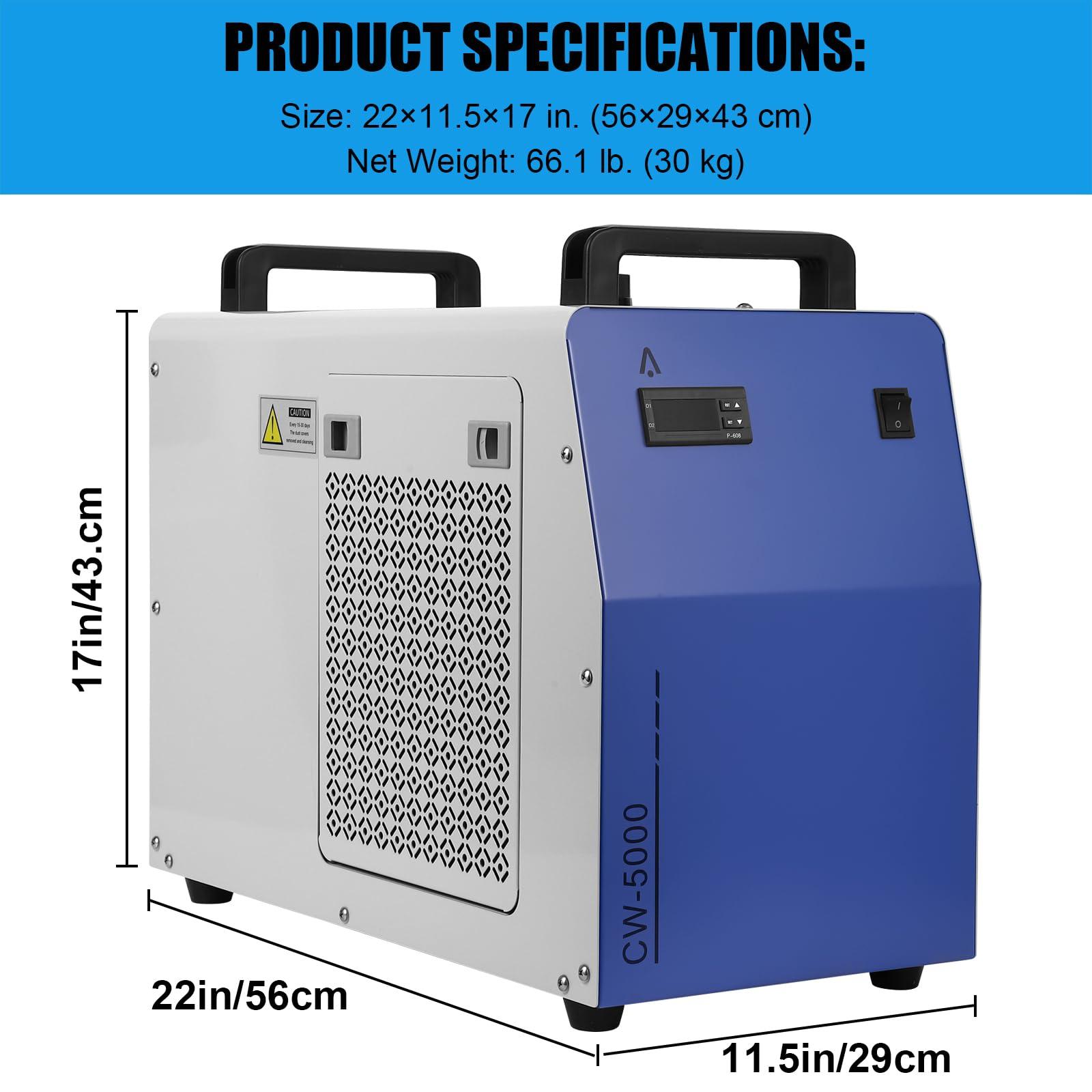 JustSmart JustSmart CW-5000 Industrial Water Chiller, 7L 1.14HP 2.64gpm CW-5000 Water Cooling System for 40W 50W 60W 70W 80W 90W 100W CO2 Laser Engraving & Cutting Machines, Laser Chiller Cools 3868 BTU/Hour