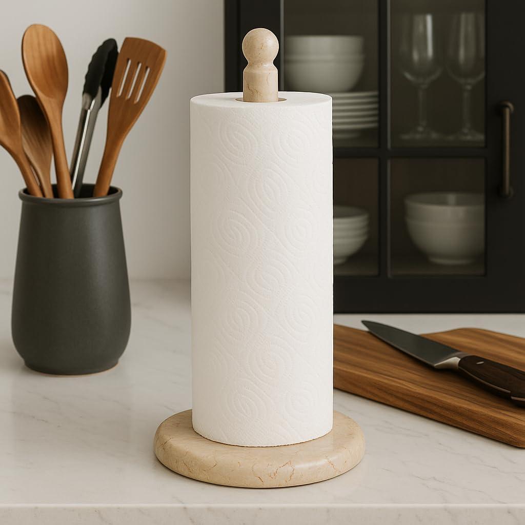 Creative Home Creative Home Natural Champagne Marble Upright Paper Towel Holder Kitchen Towel Dispenser Stand Kitchen Countertop Organizer, 6.5\" Diam. x 12.5\" H, Beige