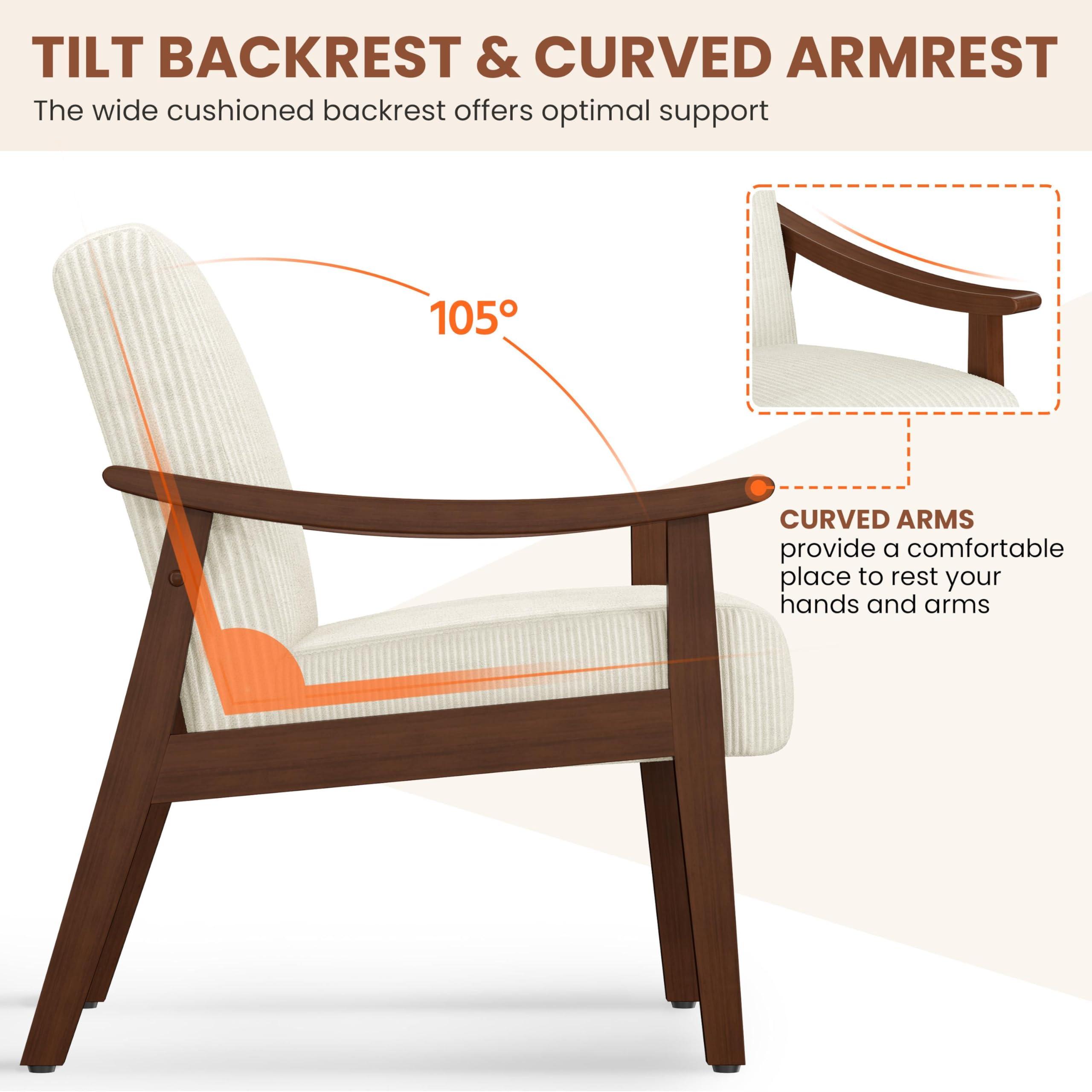 Yaheetech Yaheetech Corduroy Accent Chair, Mid-Century Modern Armchair with Solid Wood Legs, Reading Leisure Chair with High Back for Living Room Bedroom Waiting Room Beige