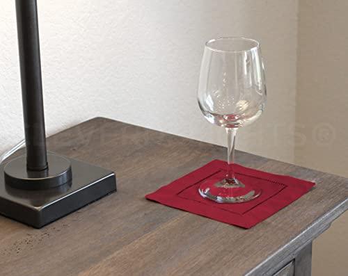 CleverDelights CleverDelights Red Hemstitch 6\" Cocktail Napkins - 12 Pack - 55/45 Linen Cotton Blend