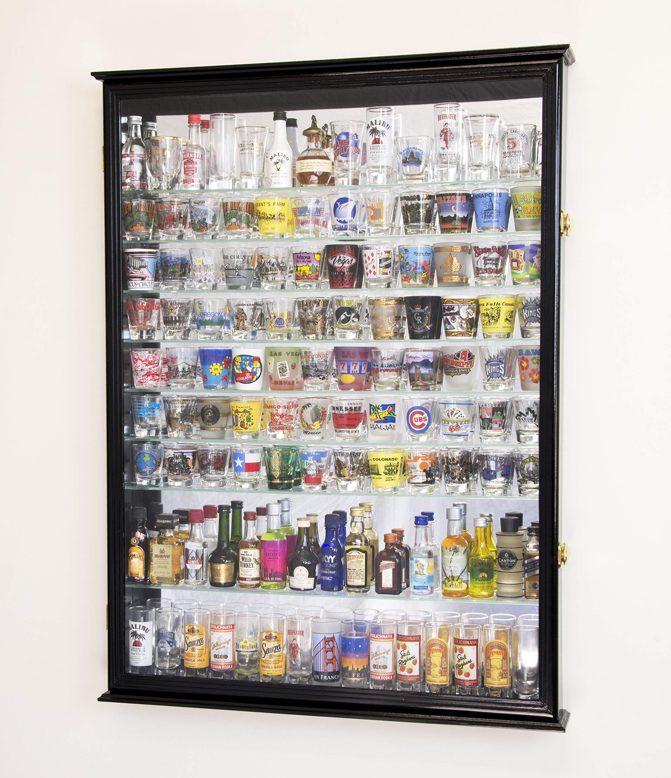 sfDisplay.com, Factory Direct Display Cases XL Shot Glass Display Case Rack Holder Cabinet w/Mirror Backed and 11 Glass Shelves -Black