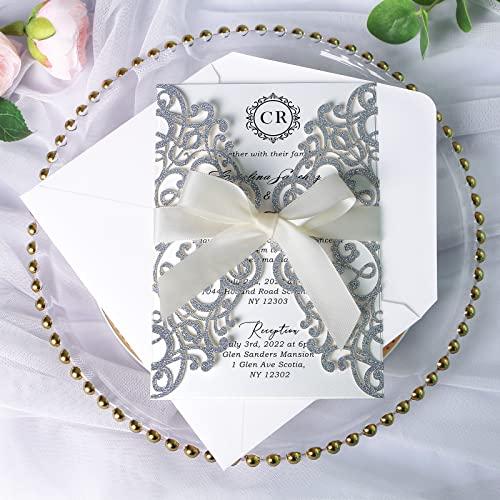 ponatia ponatia 25PCS 5.12 x 7.1 \'\' Champagne Gold Glitter Laser Cut Wedding Invitations Cards with Envelopes for 5x7 Invitation Cards Wedding Baby Bridal Shower Engagement Sweet 16 Birthday Invite
