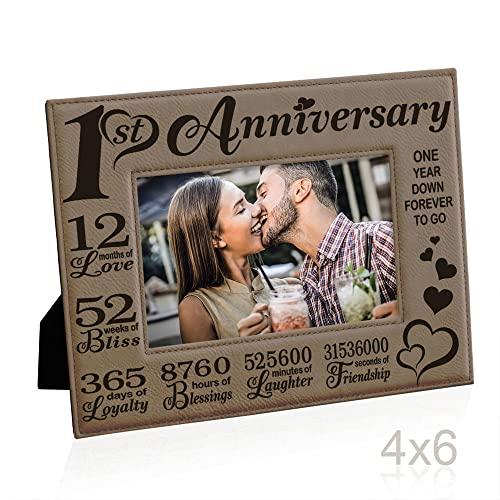 KATE POSH KATE POSH Our First (1st) Anniversary Engraved Leather Picture Frame - Gifts for Couple, Gifts for Him, Gift for Her, Paper Anniversary, Photo Frame, First Wedding Anniversary (4x6-Horizontal)