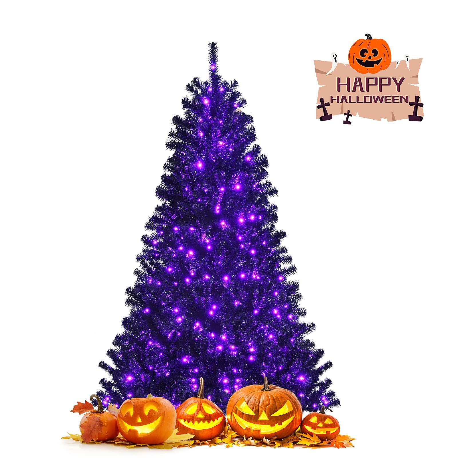 Goplus Goplus 6ft Pre-lit Black Christmas Tree, Hinged Artificial Halloween Tree w/ 250 Purple LED Lights & Metal Stand, Perfect Xmas Decoration for Holiday Festival Parties