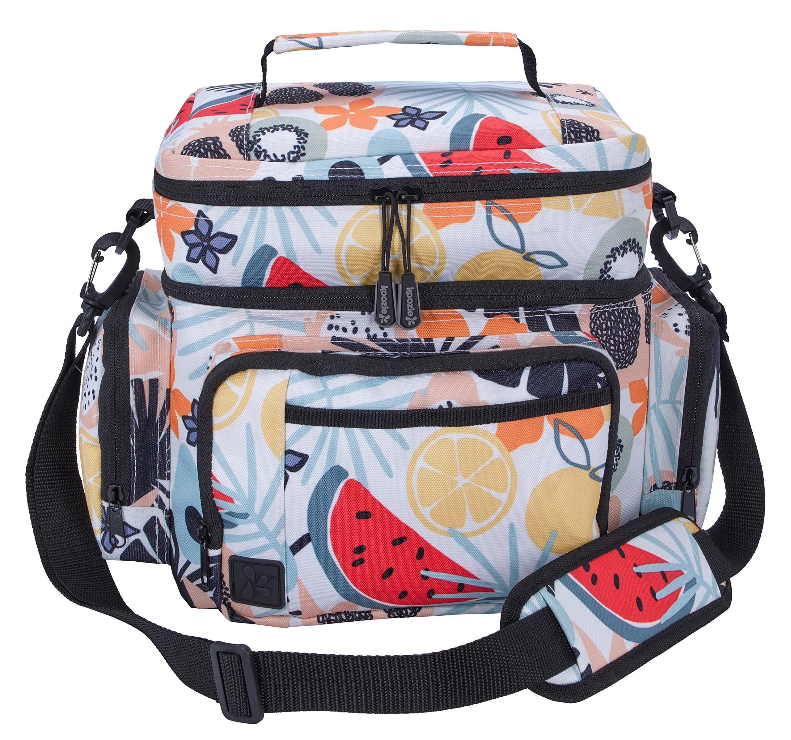KOOZIE KOOZIE Dual Compartment Cooler Lunch Bag for Women - Large Double Decker Insulated Lunch Box with Removable Shoulder Strap - Resuable Lunch Tote for Work, Travel, Beach, Picnic (Tutti Fruitti)