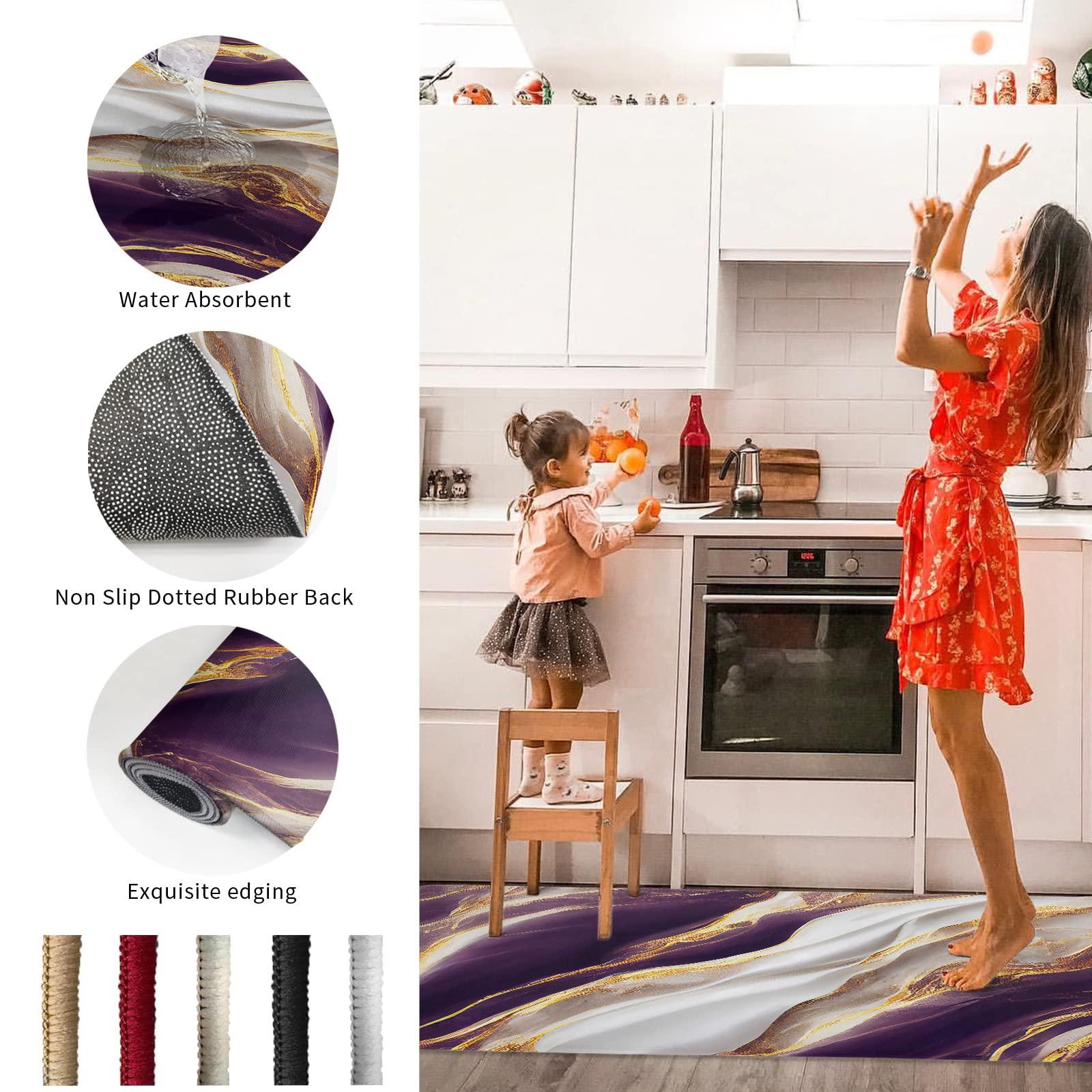 Shine-Home Marble Purple Kitchen Rug, Abstract Gold White Modern Art Washable Bath Shower Door Welcome Runner Area Rug Mat Carpet for Bedroom Bathroom Living Room Accent Throw Desk Rug, 20x47