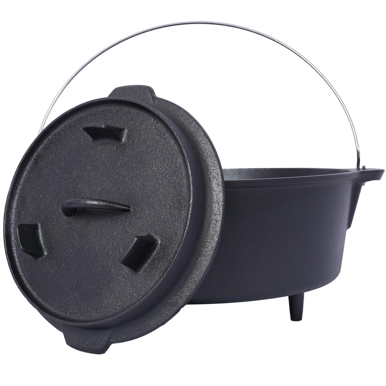 ZeHuoGe Camping Dutch Oven, Pre-Seasoned Camp Cookware Pot With Lid - Lid Lifter, Cast Iron Deep Pot with Metal Handle for Camping Cooking BBQ Baking Campfire, Black (6 QT)