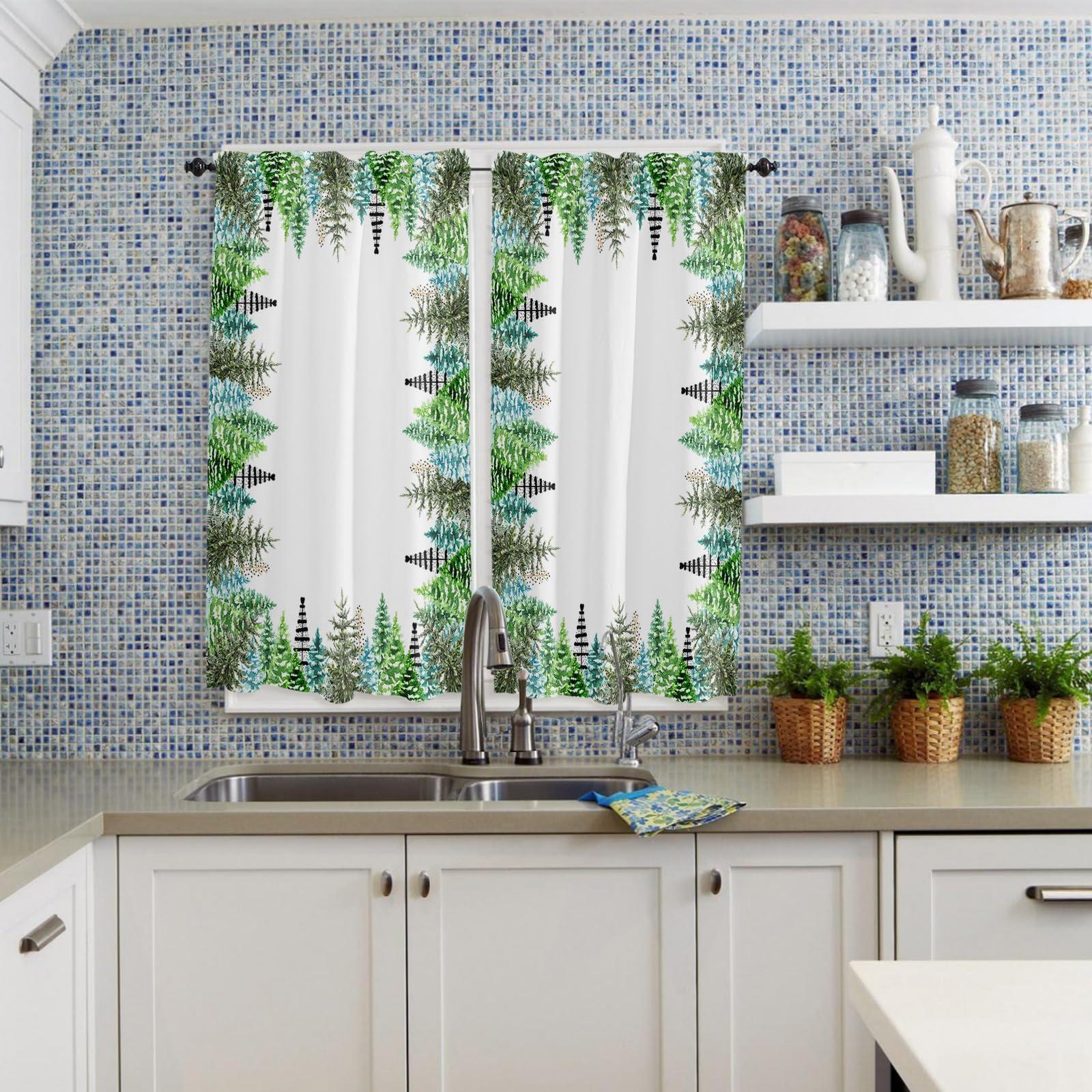 Pinroote Pinroote Window Curtains 63 Inch Length - 2 Panels, Green Ombre Christmas Tree Rod Pocket Curtain Panels, Winter Snowflake Xmas Tree Window Treatment for Bedroom/Kitchen/Bathroom, 84W x 63L Inch