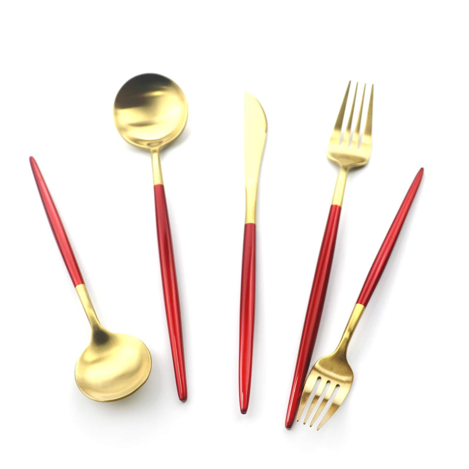 Gugrida Gugrida 20 Pieces Matte Gold Red Handle 18/10 Stainless Steel Silverware Set, Flatware Set Titanium Black Cutlery Set, Utensils Set for Home Restaurant Service Set for 4, Dishwasher Safe (Red Gold)