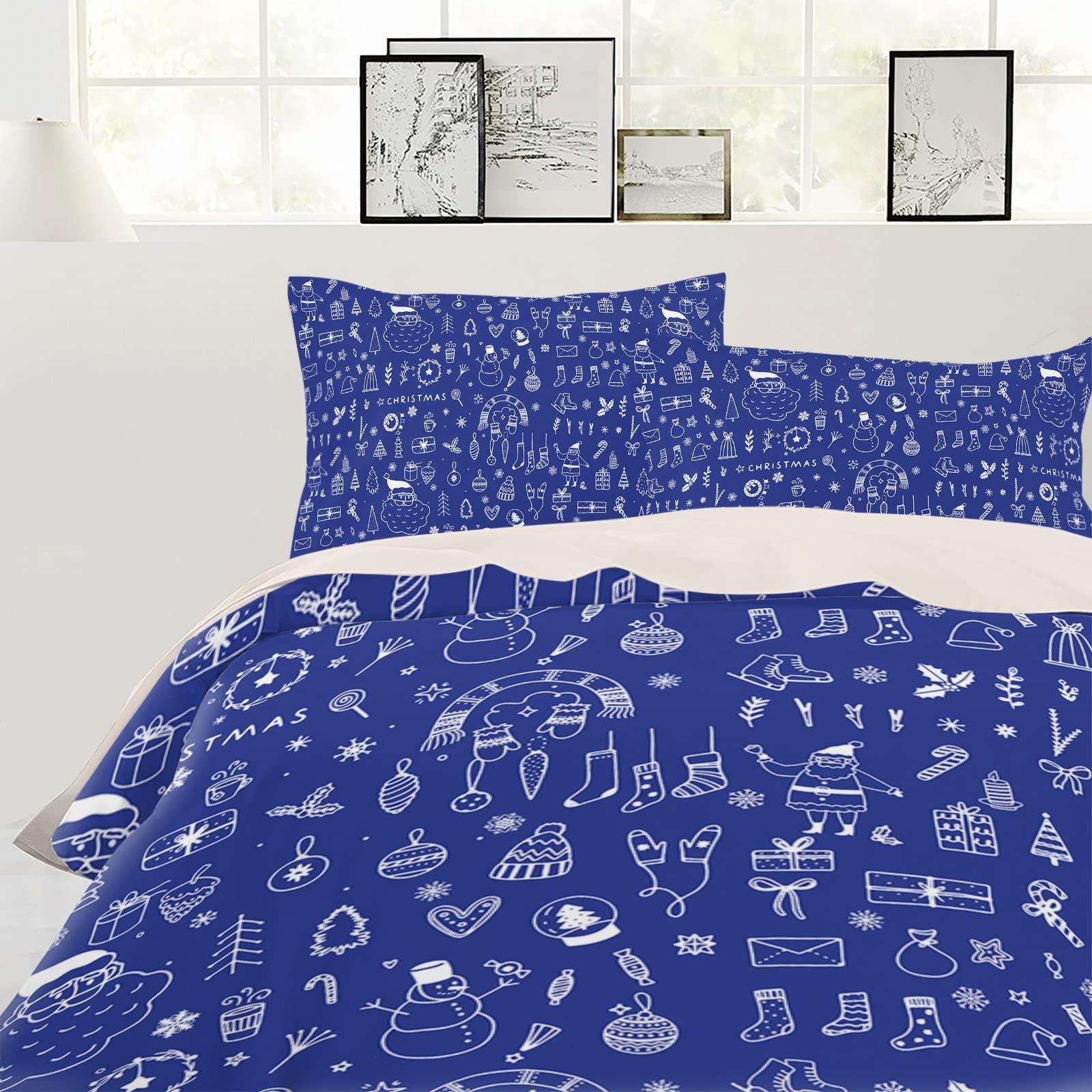 Debedcor Cal. King Comforter Covers Sets Blue Christmas 4 Piece Duvet Cover Set Lightweight Microfiber Soft Bedding Set for Adult Teen, Xmas Tree Candy Santa Christmas Stockings