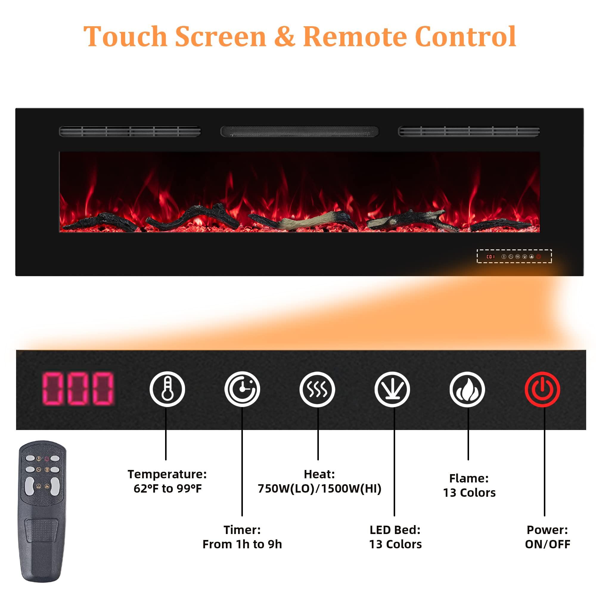 Oxhark Flame Oxhark Flame 65inch Electric Fireplace in Wall Recessed and Wall Mounted Fireplace Electric, 13 Flame Colors, Realistic Logs &Crystals Fuel Bed, Adjustable Temperature and Timer, 750W/1500W, Black