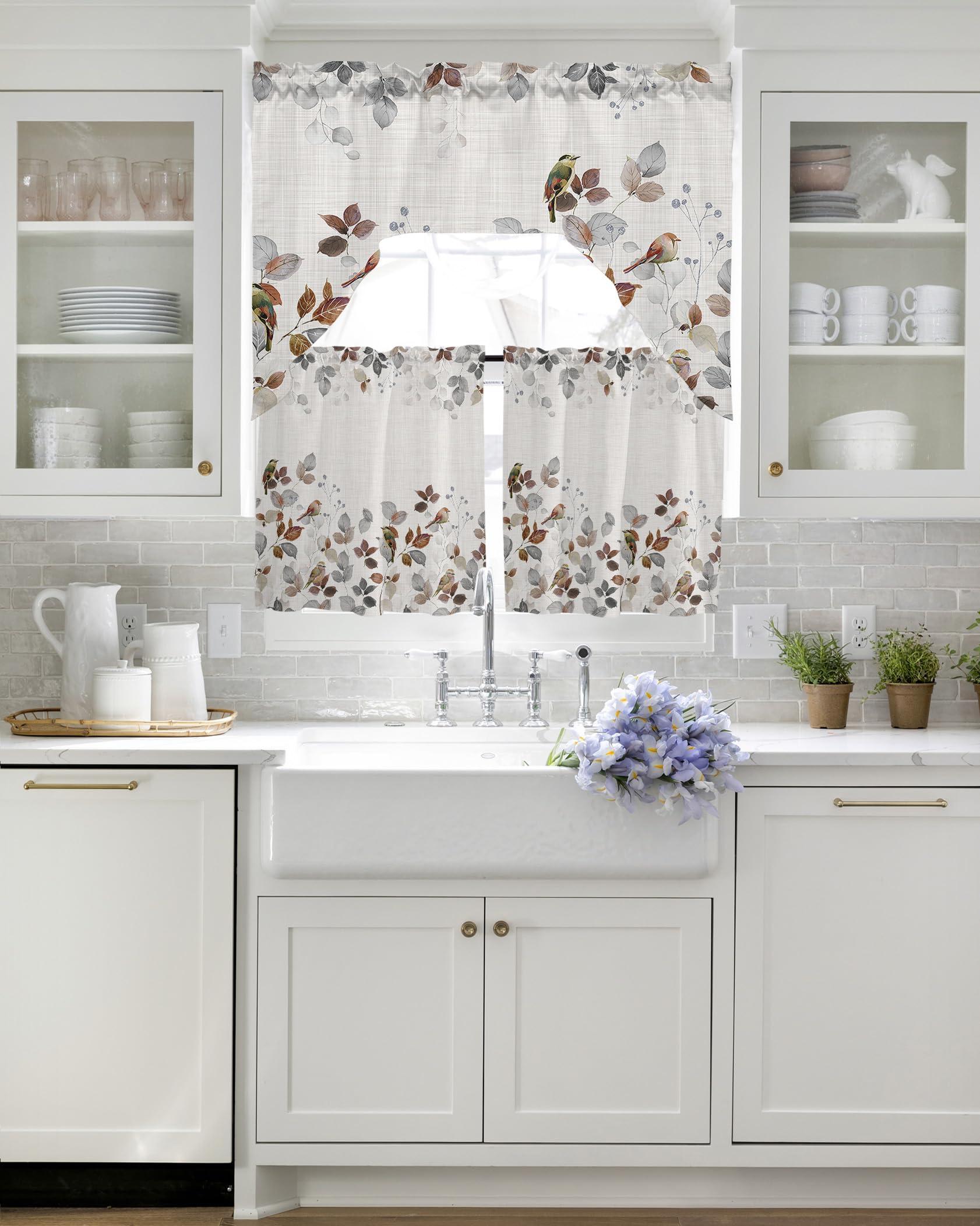 Onekaccu Country Bird Leaf Swag Curtains Valance Tier Set, Rod Pocket Curtain Drapes for Bedroom Bathroom Over Sink Kitchen Curtains 3 Piece Set Fall Botanical Rustic Orange Grey Swag Valances 24 inches Tiers