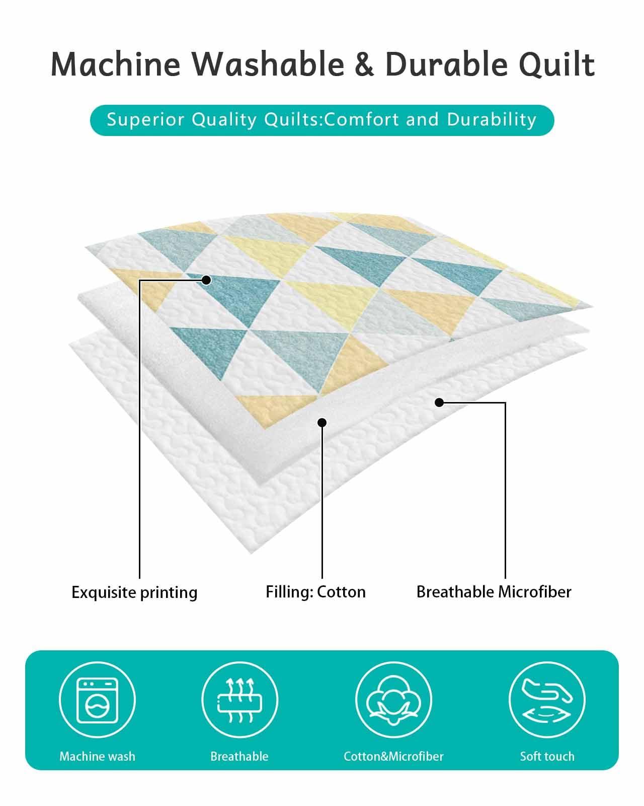 Chees D Zone Twin XL Size Quilt Set,Teal Triangle Grey White Block Seamless Lightweight Bedspread Coverlet Set Microfiber Summer Quilt with 2 Pillow Shams,Yellow Abstract Geometric 3 Piece Comforter Bedding Set