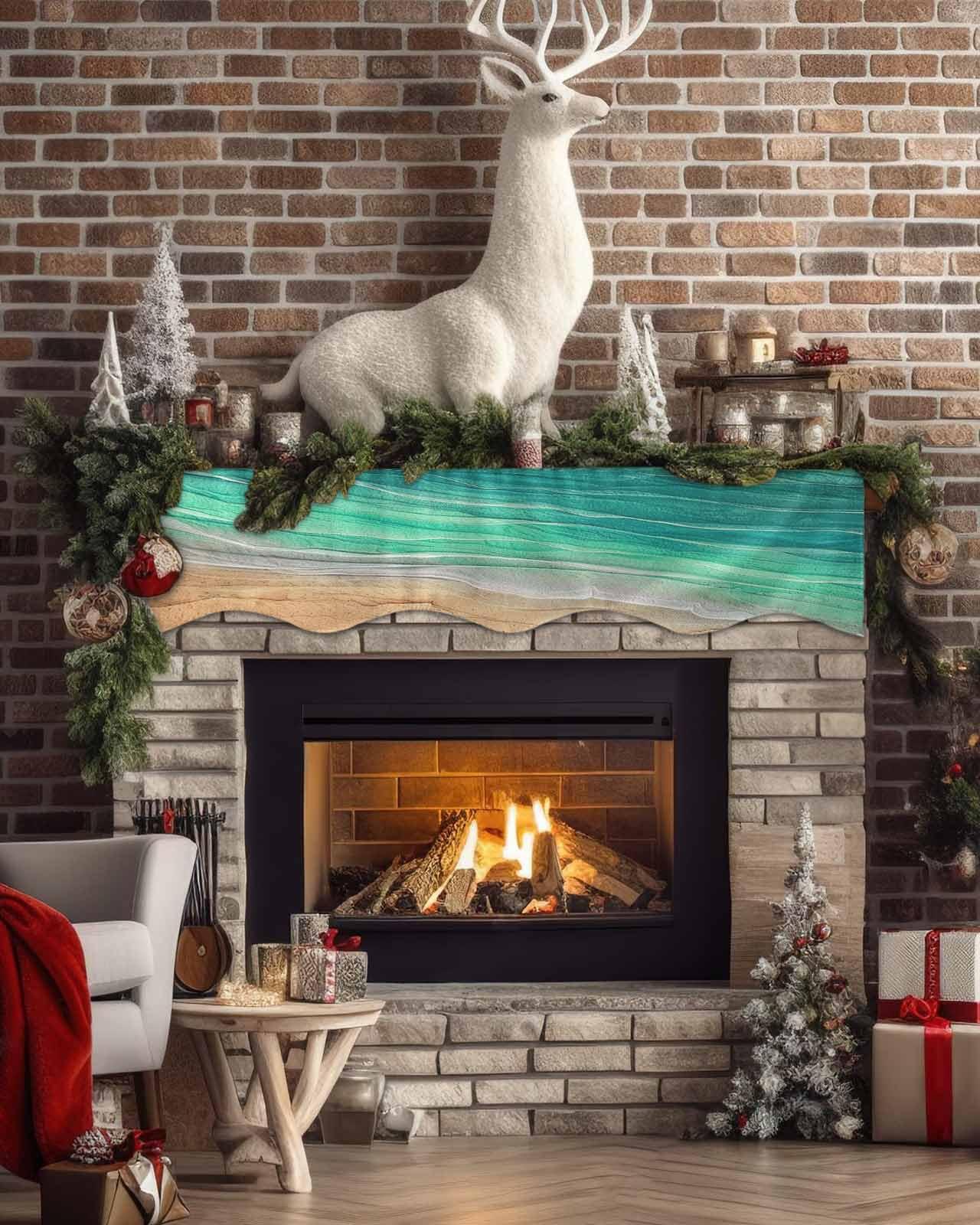 Victoroes Victoroes Ocean Sea Mantle Scarf 70 x 17 Inch, Beach Coastal Sea Waves Gradient Green Fireplace Mantel Scarf Mantle Cover Runner for Home Living Room Indoor Holiday Party Decor