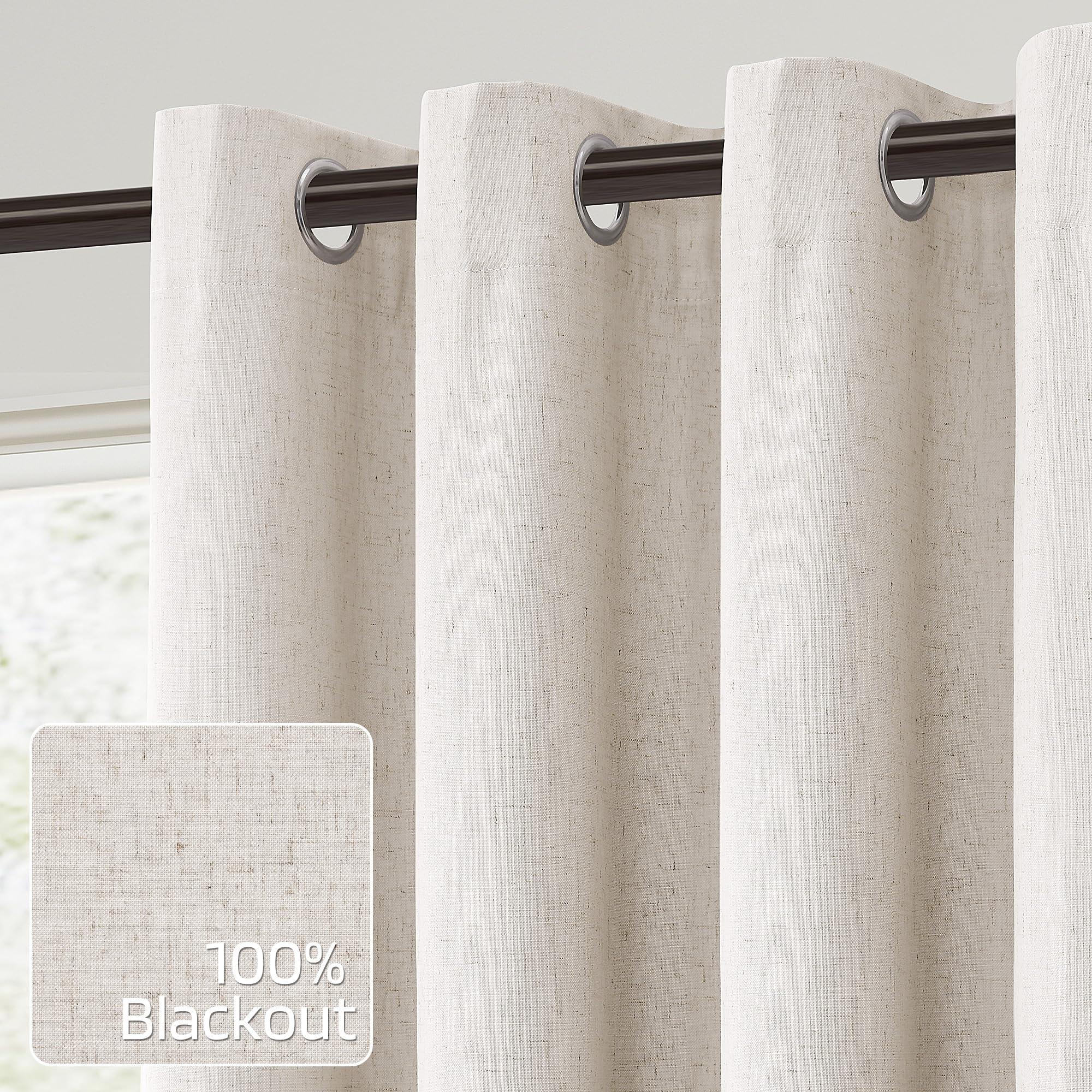 Nanspring 100% Blackout Linen Curtains for Bedroom Thermal Insulated Grommet Complete Blackout Drapes 84 Inch Length 2 Panels Set Heat and Full Light Blocking Living Room Darkening Curtains Earthy Tone Beige