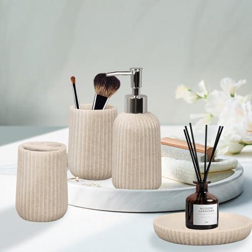 Tefola Tefola Beige Bathroom Accessories Set, 4 Pcs Resin Gift Set Apartment Necessities with Soap Dispenser,Toothbrush Holder,Bathroom Tumbler,Soap Dish for Vanity Countertop Accessories