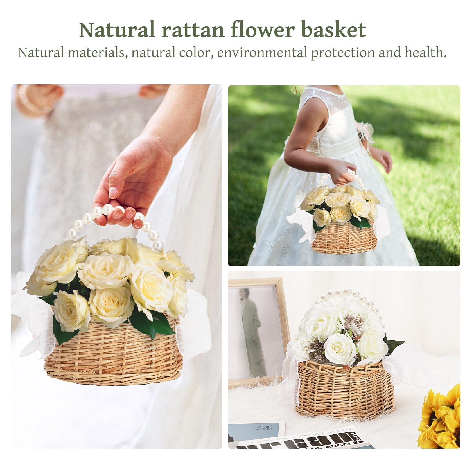 DULRLLY Wicker Rattan Flower Girl Basket Set of 2 Rustic Wedding Flower Girl Basket with Pearl Handle Small Flower Basket for Flower Girl Fairy Wedding Basket Handwoven Easter Baskets for Boys Girls Wedding