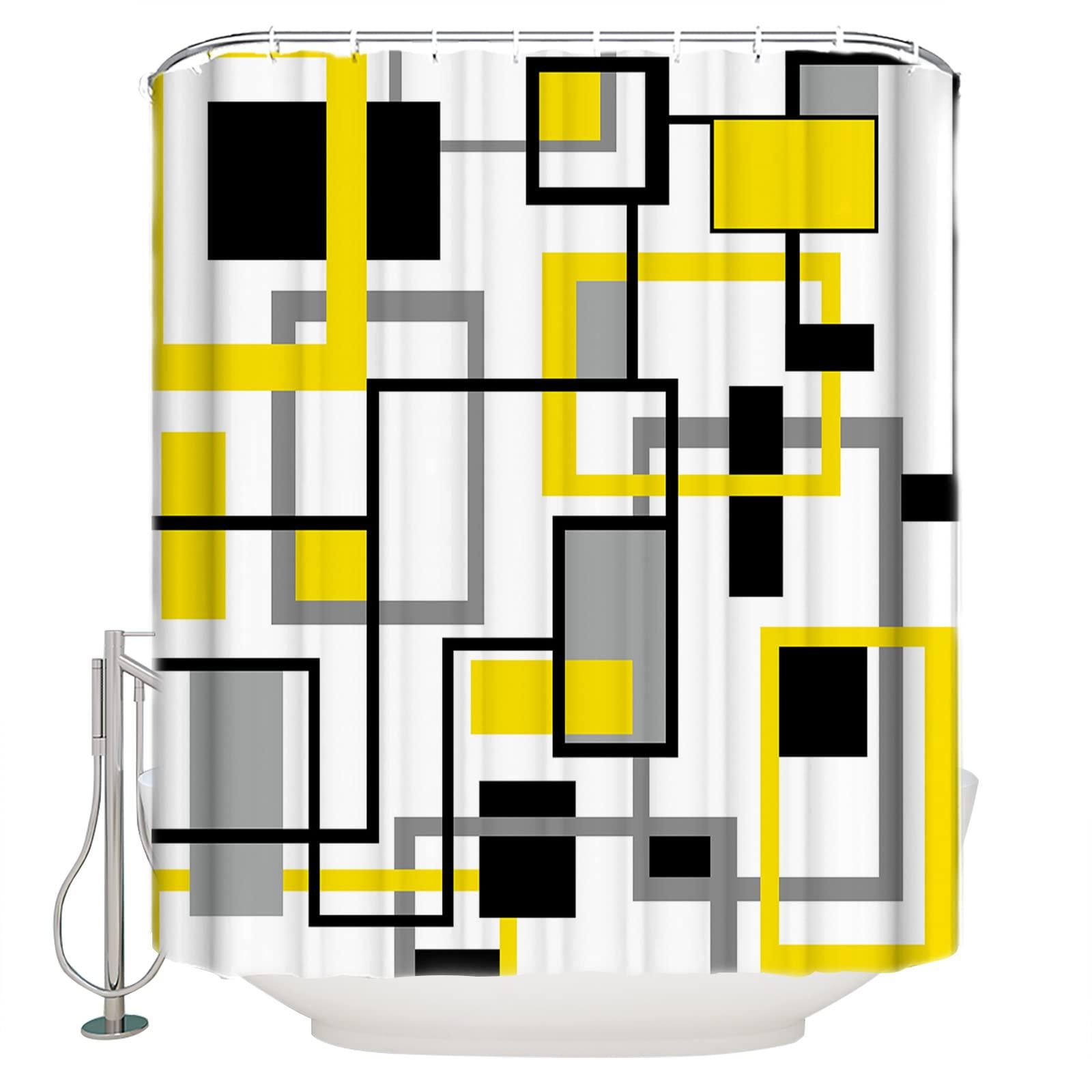 LEOKOTI LEOKOTI Yellow Black Grey Geometric Shower Curtain for Bathroom, Middle Century Modern Abstract Art Waterproof Fabric Bathtub Curtains for Bathroom with 12 Plastic Hooks, 36\" W x 78\" L