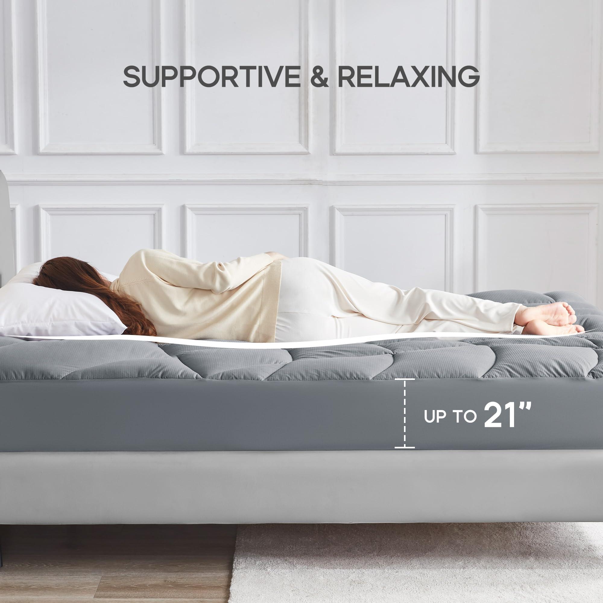 Sonive SONIVE Mattress Pad, Extra Thick and Soft Mattress Cover, Fluffy Down Alternative Mattress Topper, Fill Streches up to 21 Inches with Deep Pocket (Grey, Full)