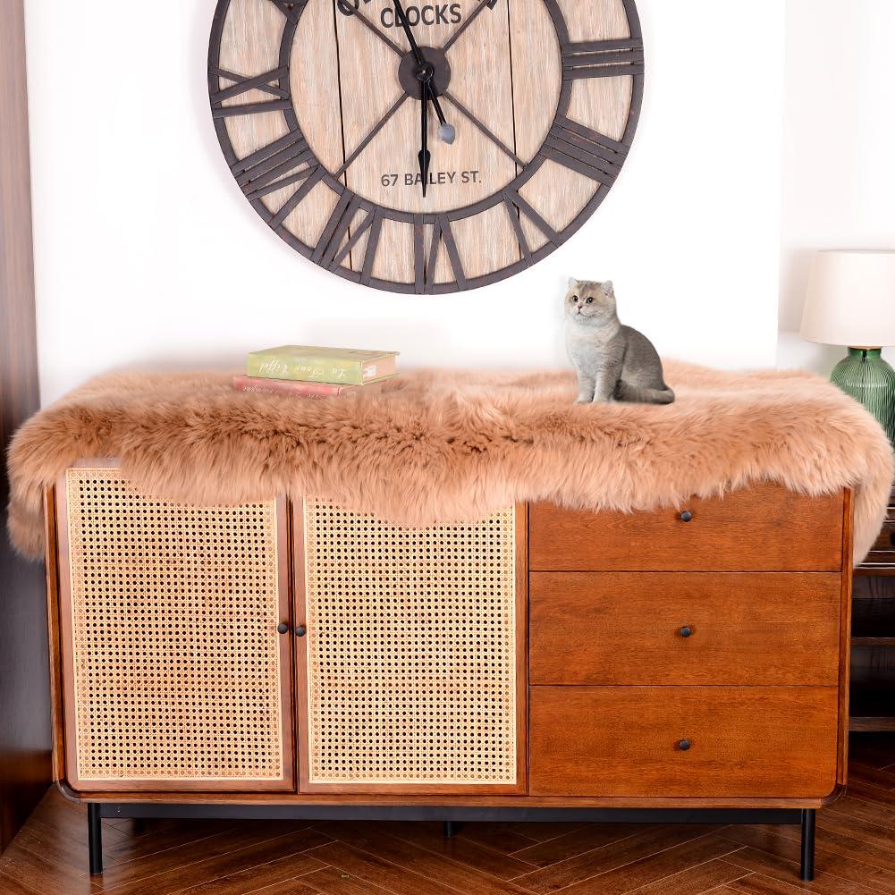 IRIWOOL IRIWOOL Premium Genuine Fur Sheepskin Rug Real Australia Sheepskin Natural Luxury Fluffy Lambskin Fur Area Rug Seat Covers for Kids Bedroom Sofa Chair Cover (Light Brown, Double Pelt/2ft x 6ft)