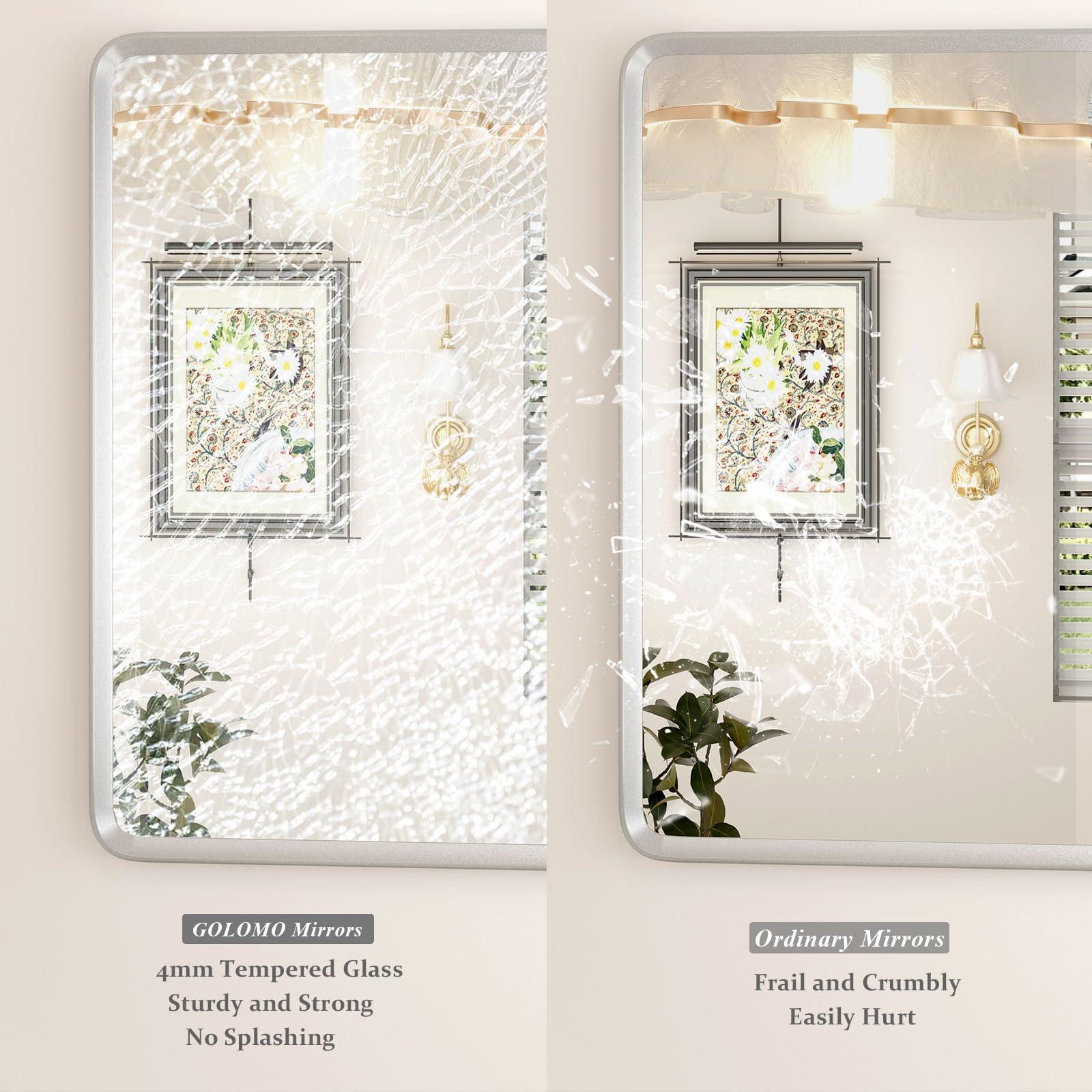 GOLOMO GOLOMO 48x36 Inch Silver Bathroom Mirror for Wall, Silver Metal Framed Bathroom Vanity Mirror, Modern Rounded Rectangle Mirror, Shatterproof, Anti-Rust (Horizontal/Vertical)